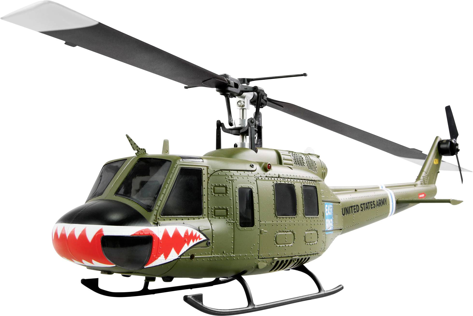 Zelený model vrtuľníka s označením "United States Army" na boku a dizajnom červenej žraločej tlamy vpredu.