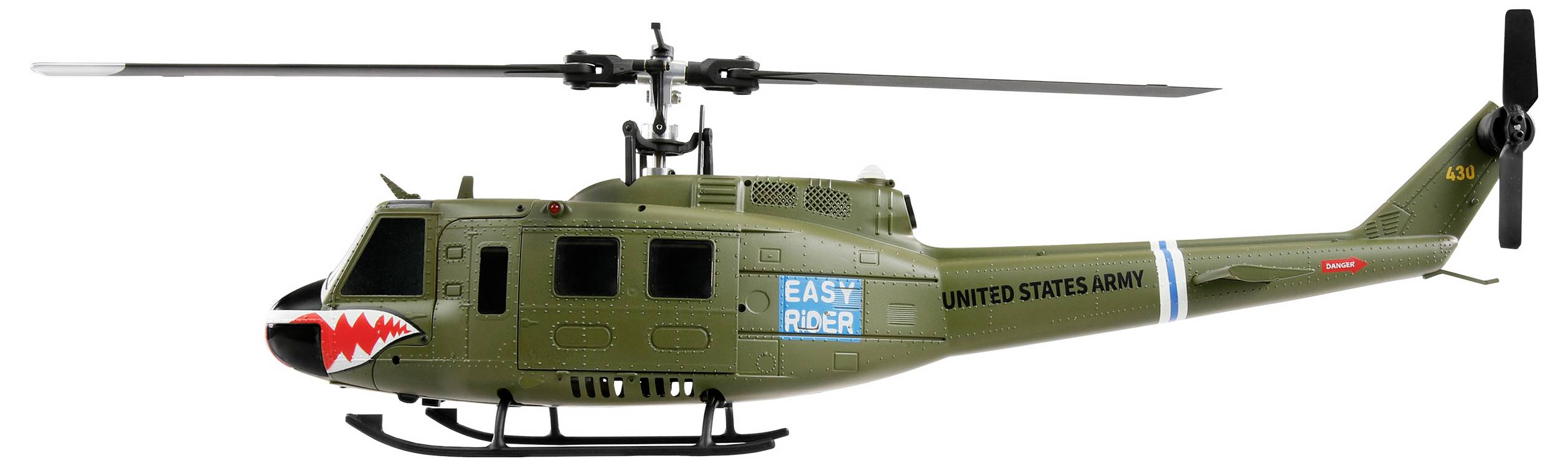 Model vojenského vrtuľníka v olivovo zelenej farbe s dizajnom pripomínajúcim žraločiu tlamu a nápismi 'EASY RACER' a 'UNITED STATES ARMY'.