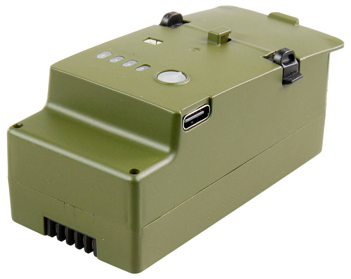 Zelený, obdĺžnikový akumulátor pre dron s indikátorom nabíjania a USB portom.