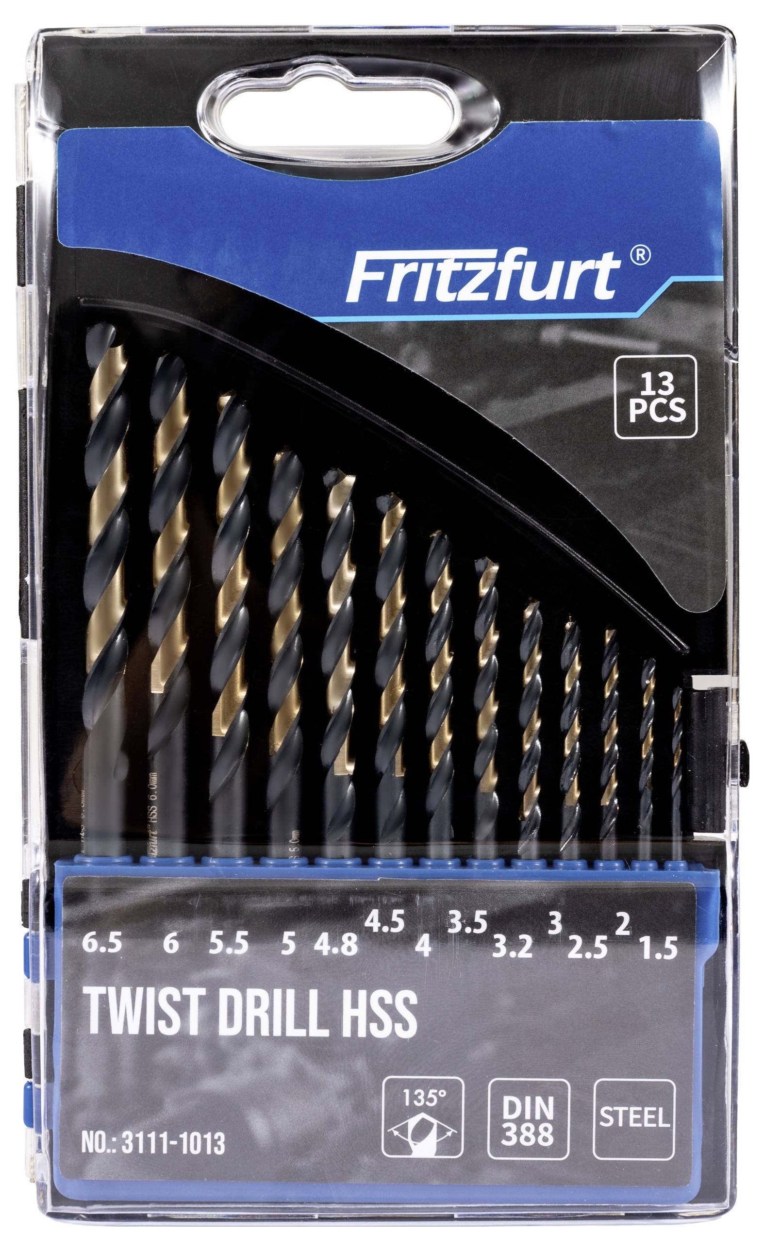 Sada 13 špirálových vrtákov s priemerom od 3 do 6,5 mm, zabalená pod značkou 'Fritzfurt'.