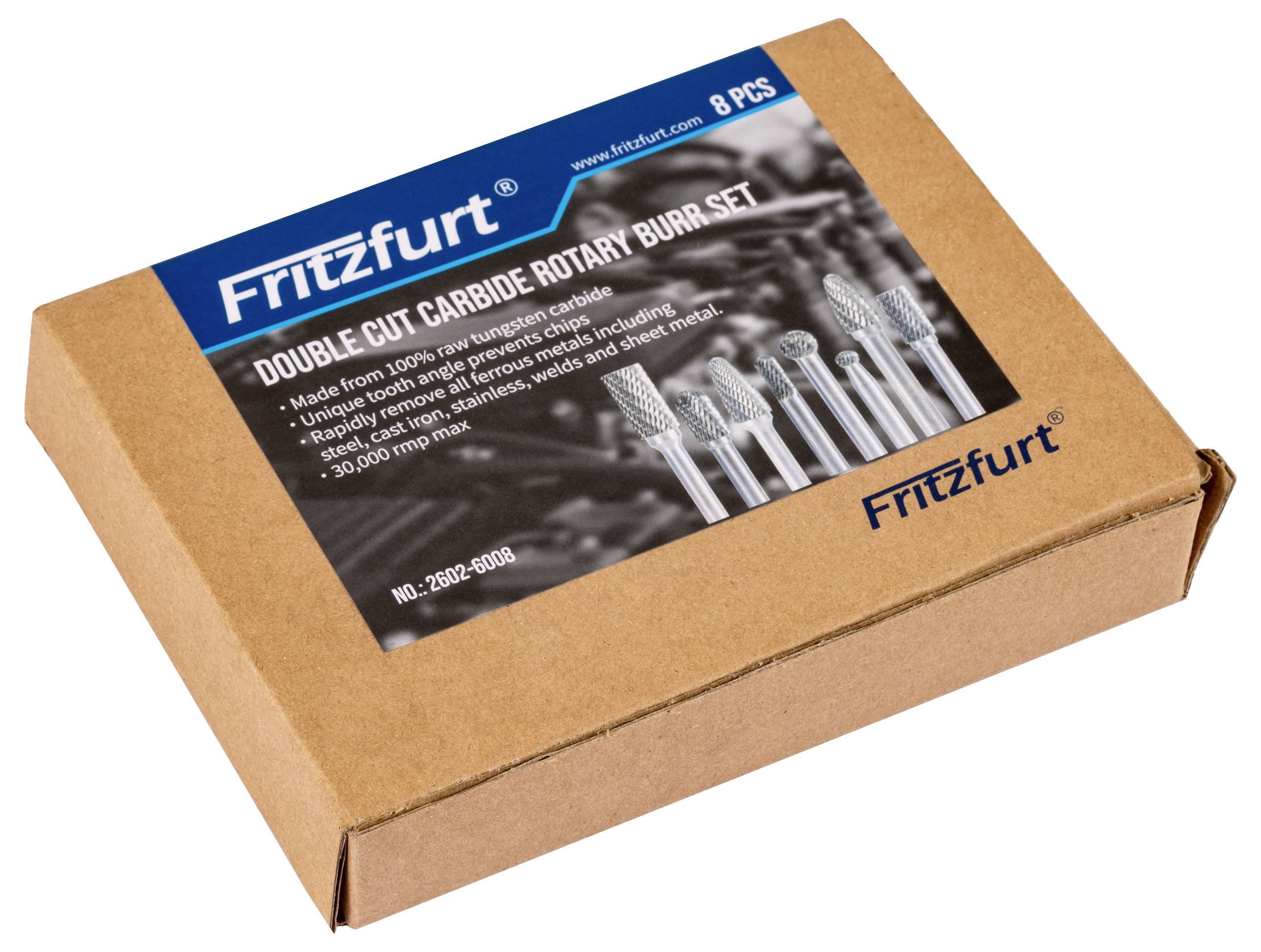 'Sada fréz z karbidu Fritzfurt s dvojitým rezom, 8 ks. Vyrobené z 100% karbidu volfrámu, určené pre železné kovy a drevo.'