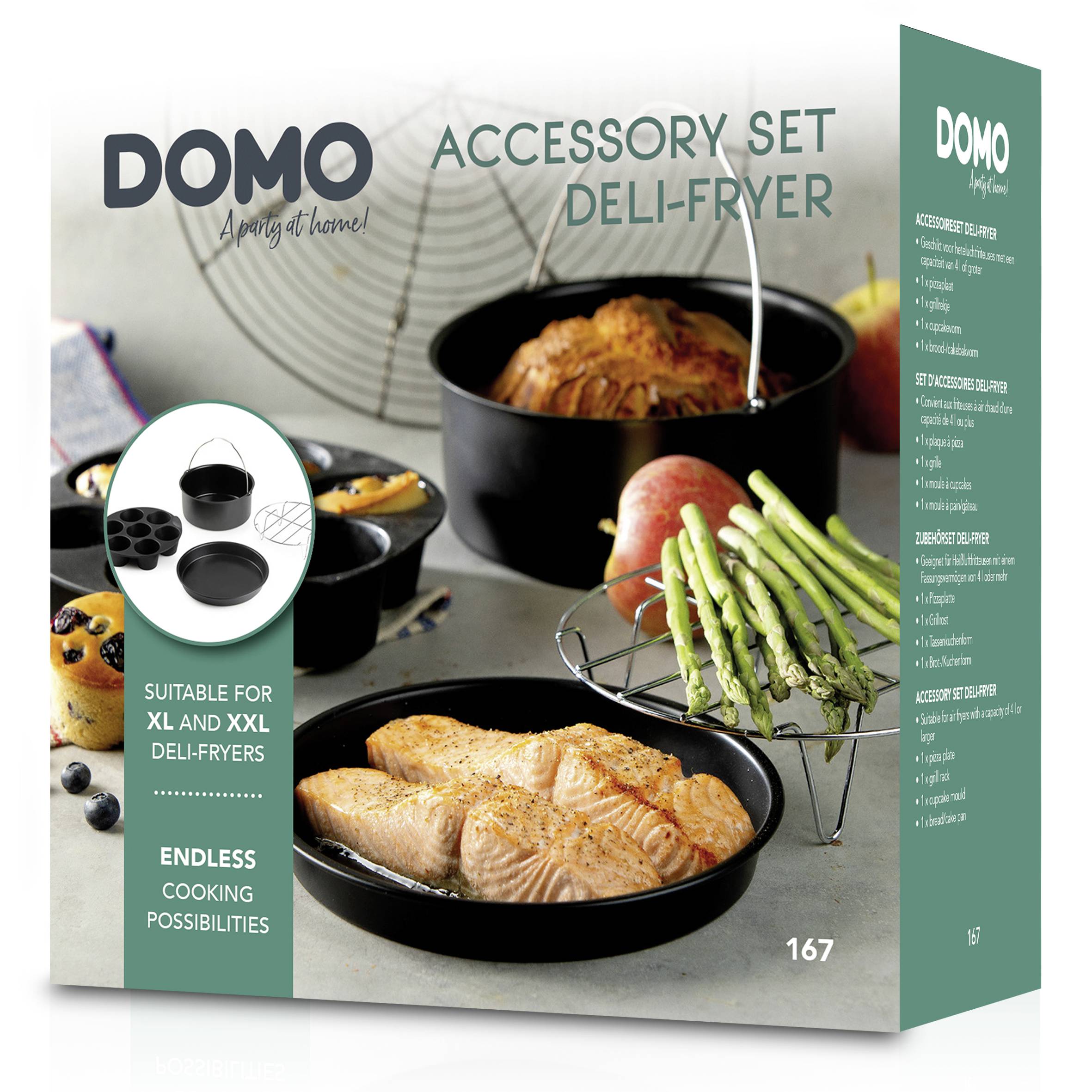 Ukážkový obrázok príslušenstva pre fritézy Domo. Obsahuje zobrazené príslušenstvo so servírovacím návrhom lososa a asparágusu.