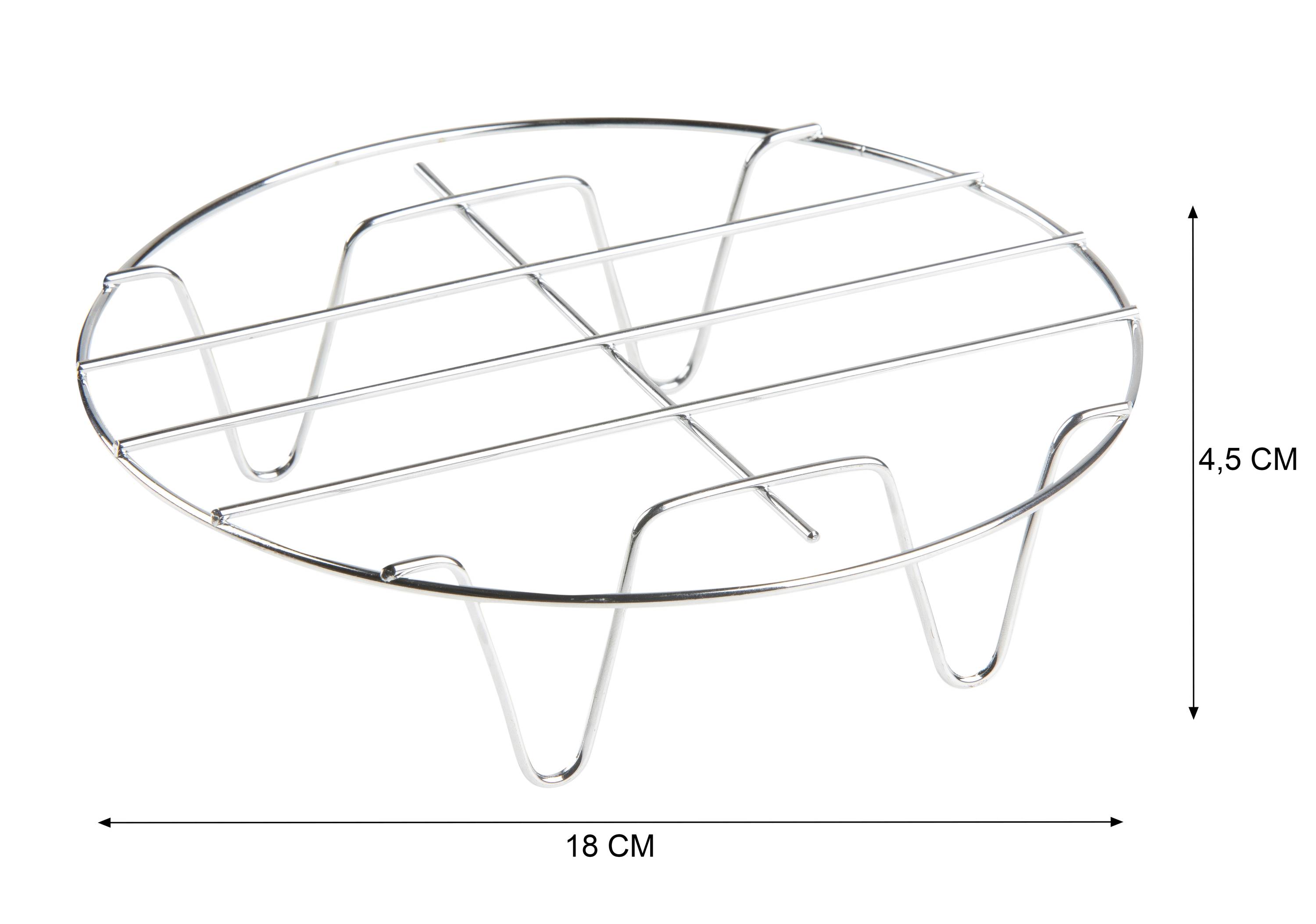 Kovový rošt s tromi priamymi tyčami a zvýšenými nohami, priemer 18 cm, výška 4,5 cm.
