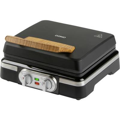 Čierny panini gril s drevenou rukoväťou, vybavený regulátorom teploty a indikačnými svetlami. Logo značky je umiestnené v hornej časti zariadenia.