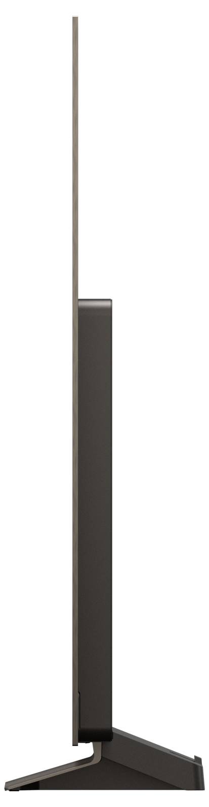 Pohľad z boku na mimoriadne tenký, moderný plochý televízor na trojuholníkovom stojane, ktorý prezentuje jeho elegantný a minimalistický dizajn.