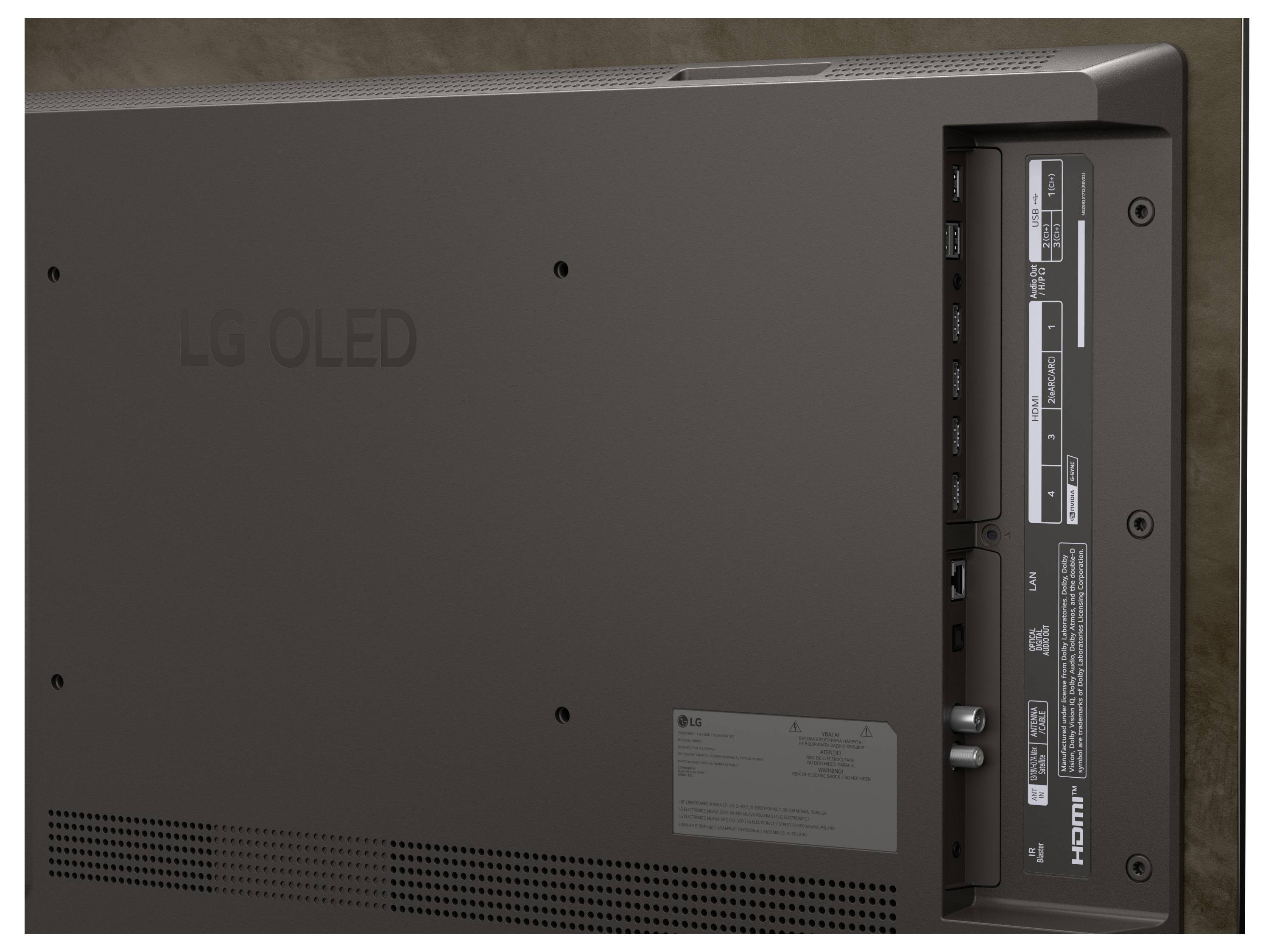 Pohľad zozadu na televízor LG OLED, ktorý zobrazuje panel so vstupnými portmi HDMI a ďalšími možnosťami pripojenia na pravej strane.