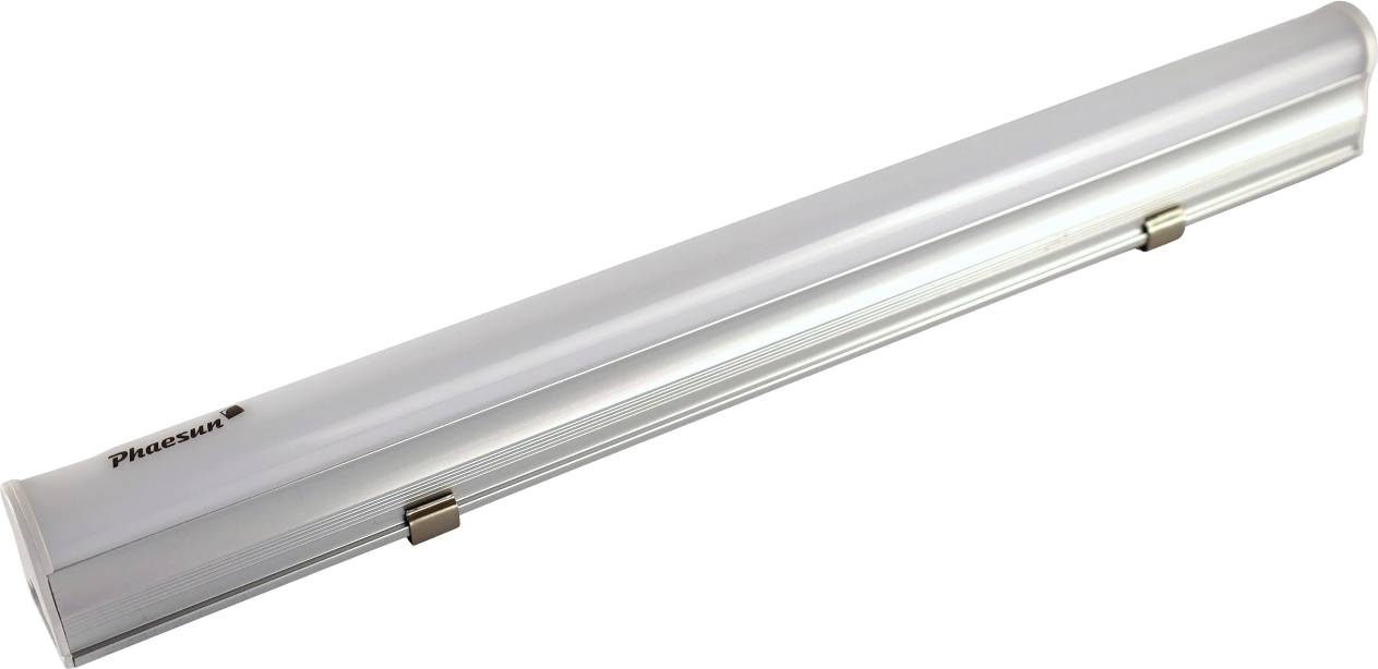Podlhovastá strieborná LED lampa s dvoma kovovými držiakmi na spodnej strane, rozpoznateľná podľa loga 'Phocos'.