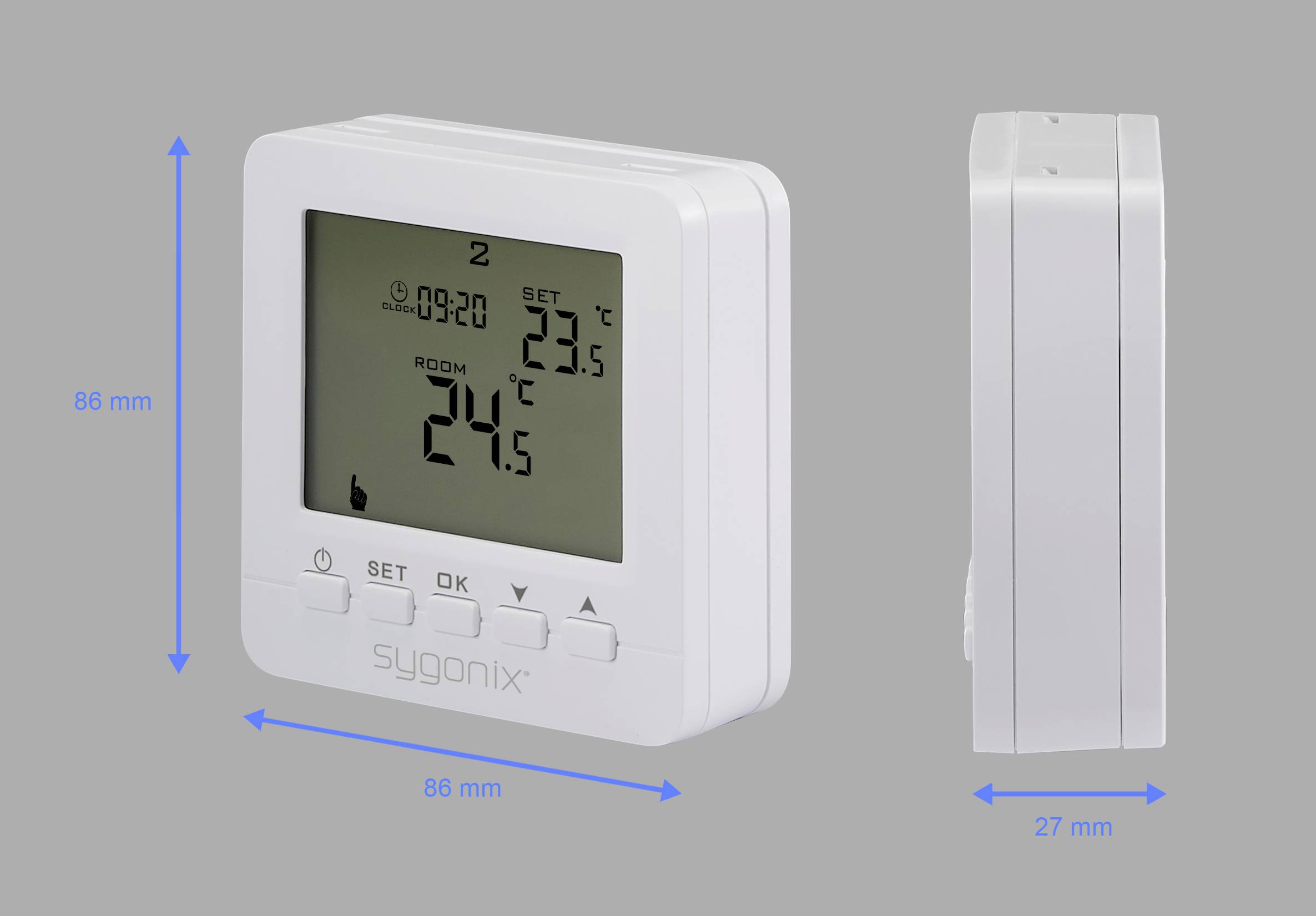 Digitálny stenový termostat zobrazujúci čas '09:20', nastavenú teplotu '23,5°C' a teplotu miestnosti '24°C'; rozmery sú 86x86x27 mm.