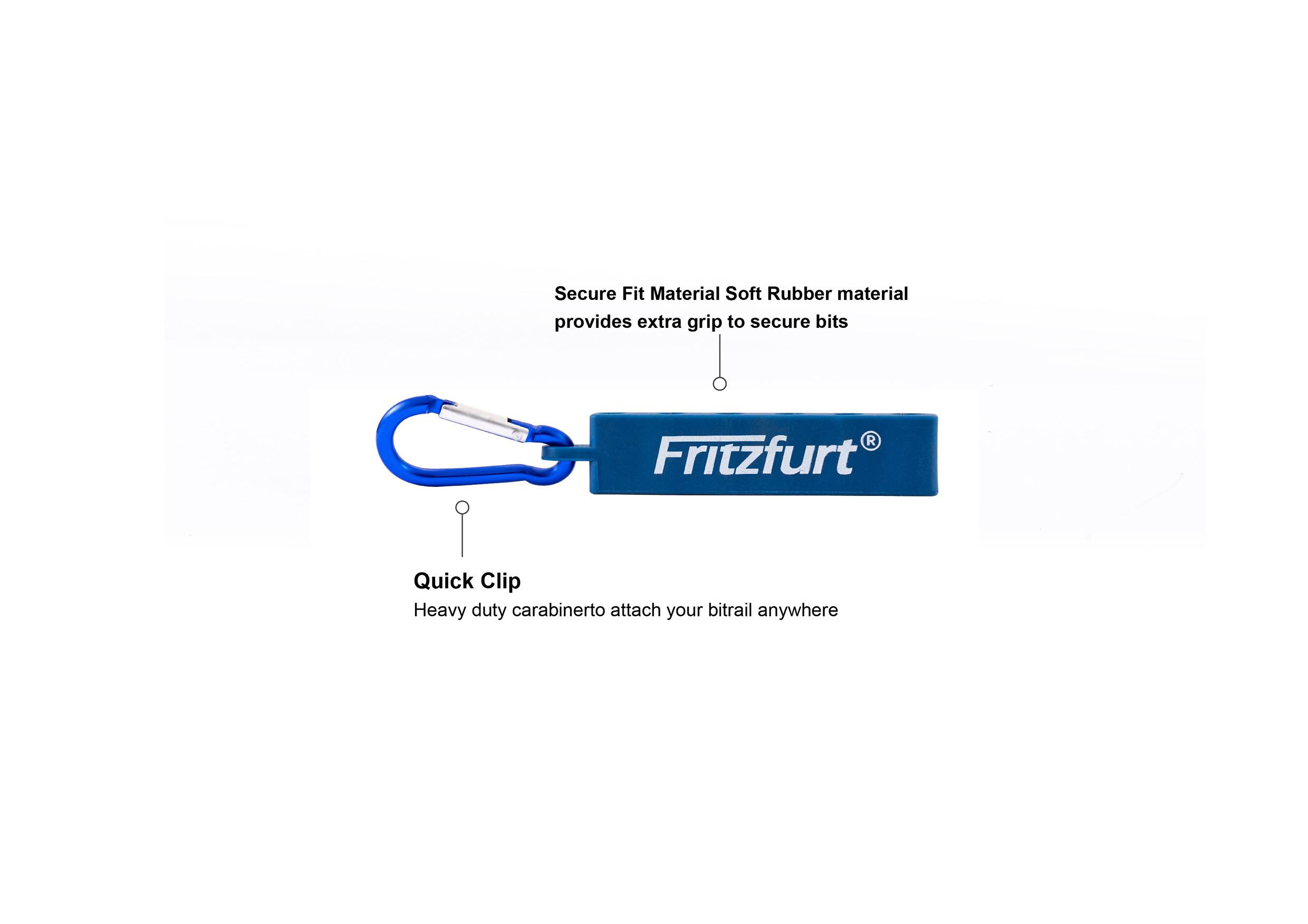 Modrý gumový kľúčenka značky 'Fritzfurt' s karabínou, označený ako 'Quick Clip' a 'Secure Fit Material' na bezpečné pripevnenie predmetov.