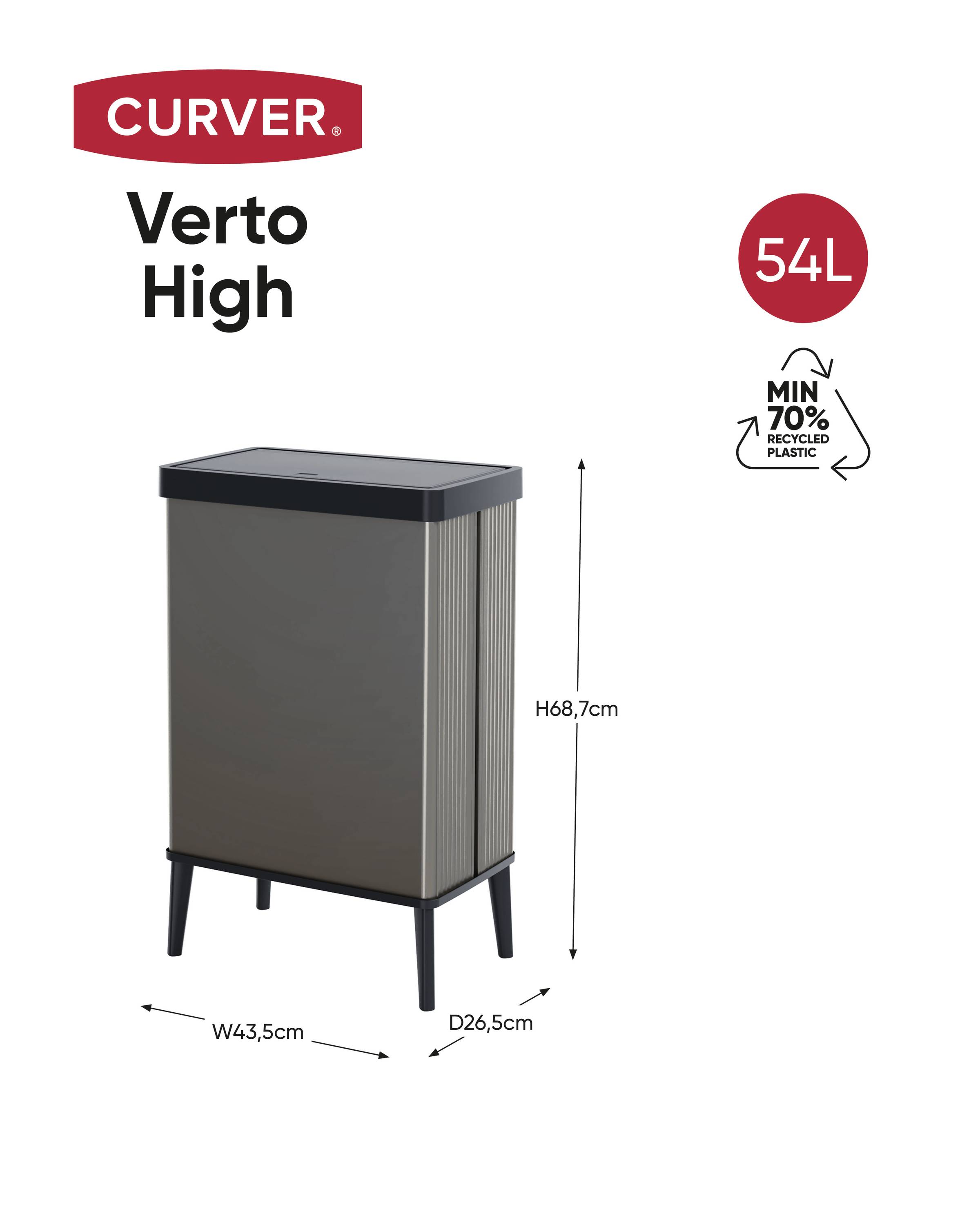 Odpadkový kôš Curver Verto High 54L, V68,7cm x Š43,5cm x H26,5cm, vyrobený z minimálne 70% recyklovaného plastu.