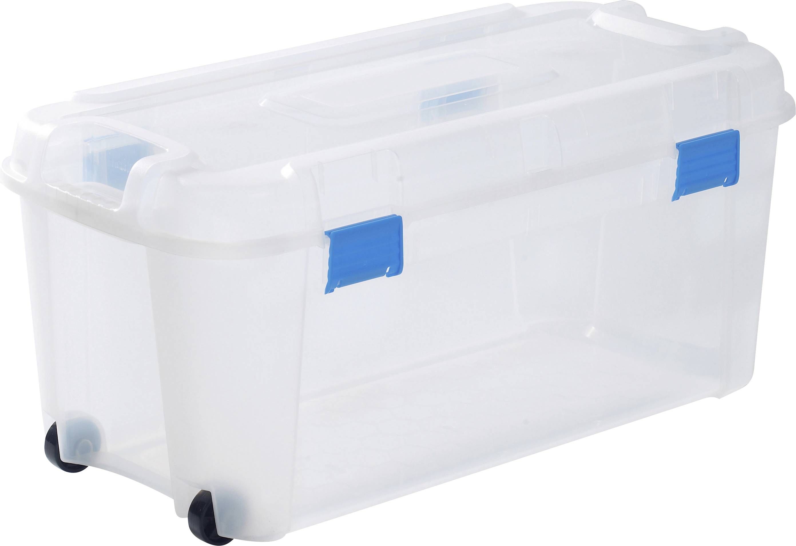 Priehľadný úložný box na kolieskach, obdĺžnikového tvaru, s modrým uzáverom, vhodný pre úsporné uskladnenie.