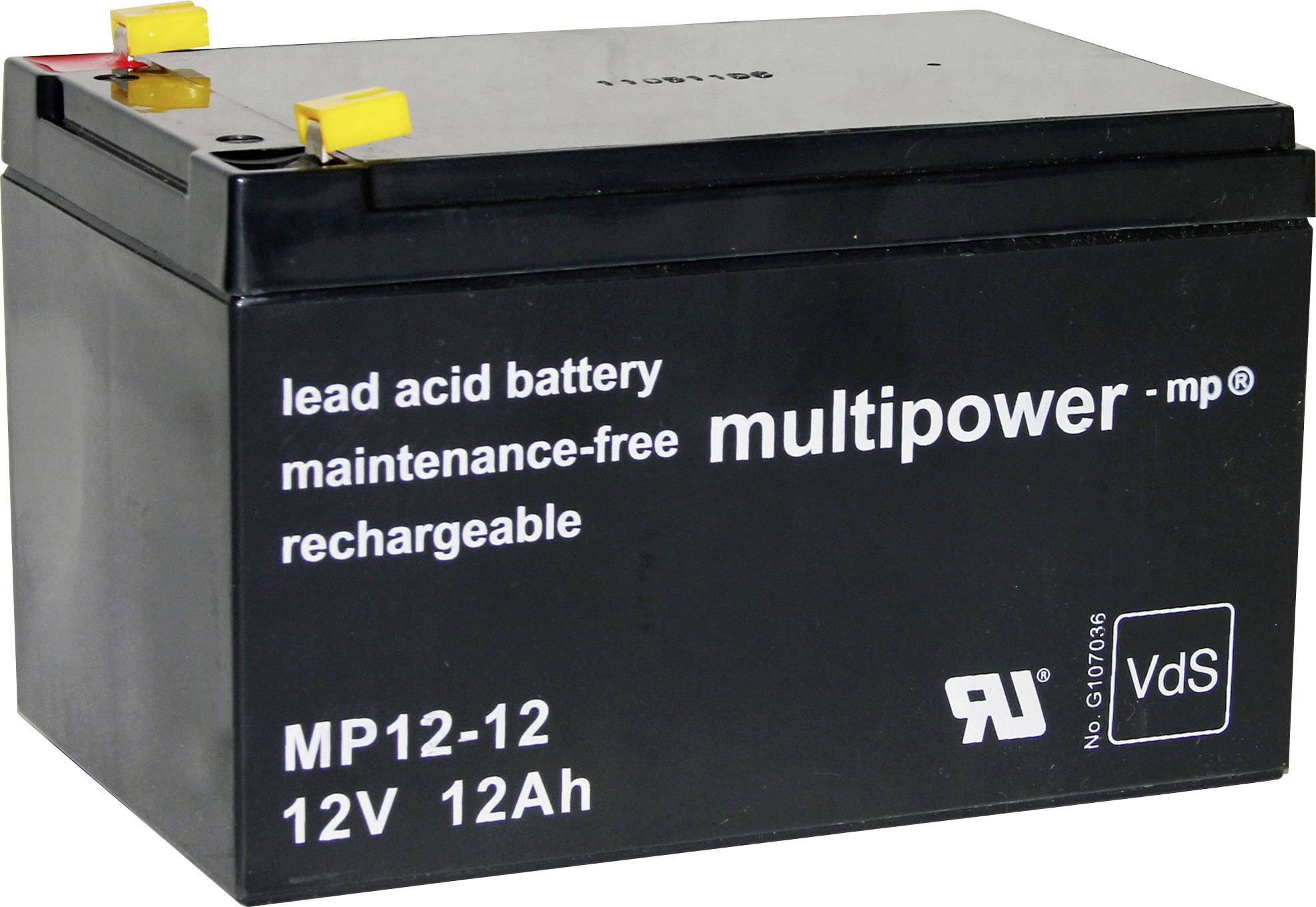 Čierny, dobíjateľný olovený akumulátor s nápisom „lead acid battery, maintenance-free, multipower". Napätie: 12V, kapacita: 12Ah.