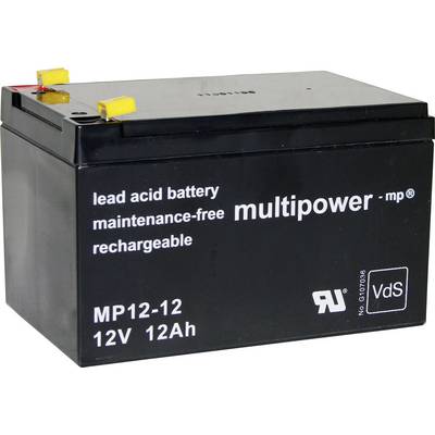 Čierny, dobíjateľný olovený akumulátor s nápisom „lead acid battery, maintenance-free, multipower". Napätie: 12V, kapacita: 12Ah.