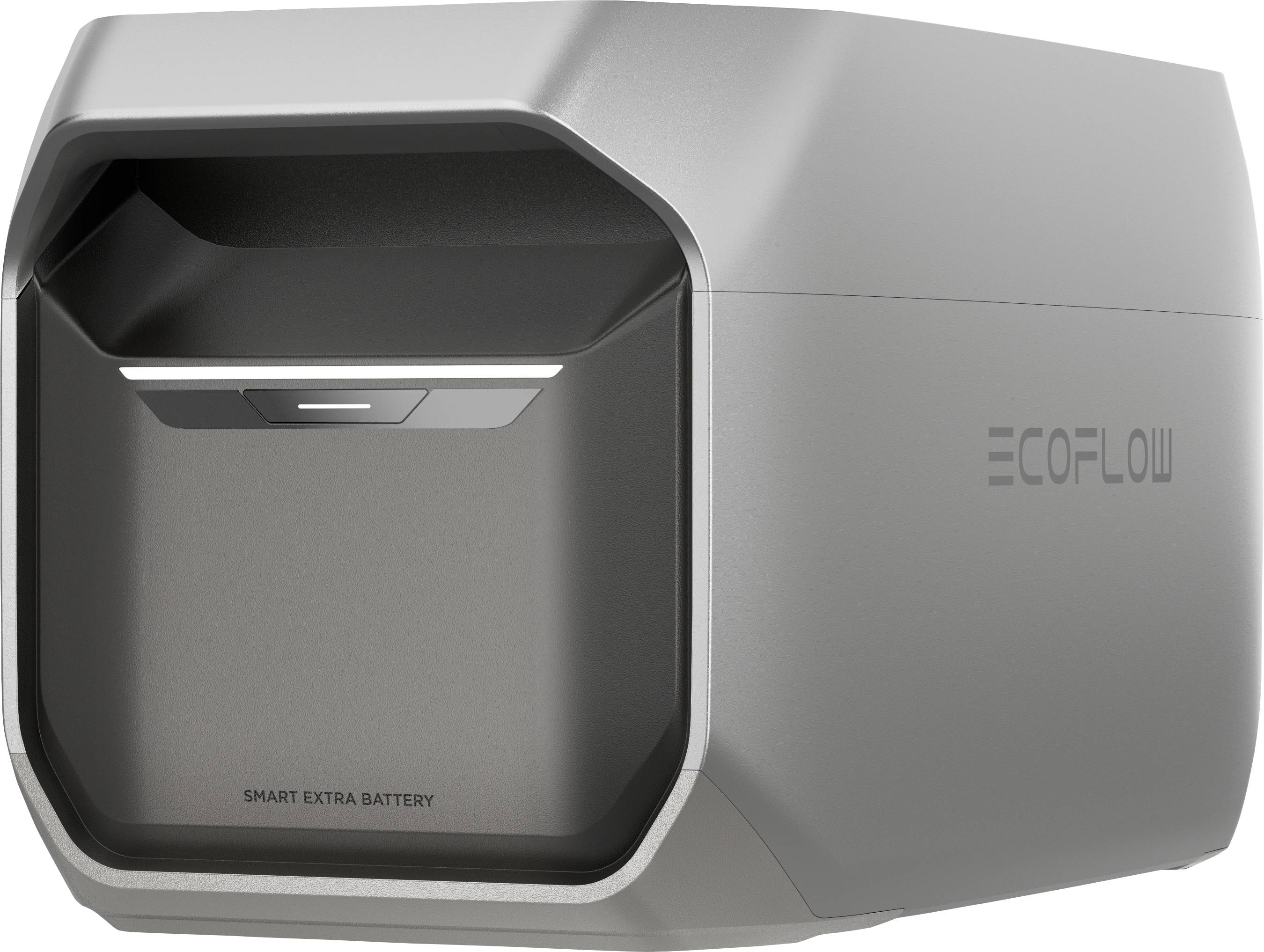 Strieborné, hranaté zariadenie s nápisom 'ECOFLOW' a 'SMART EXTRA BATTERY', pravdepodobne dodatočná batériová jednotka.