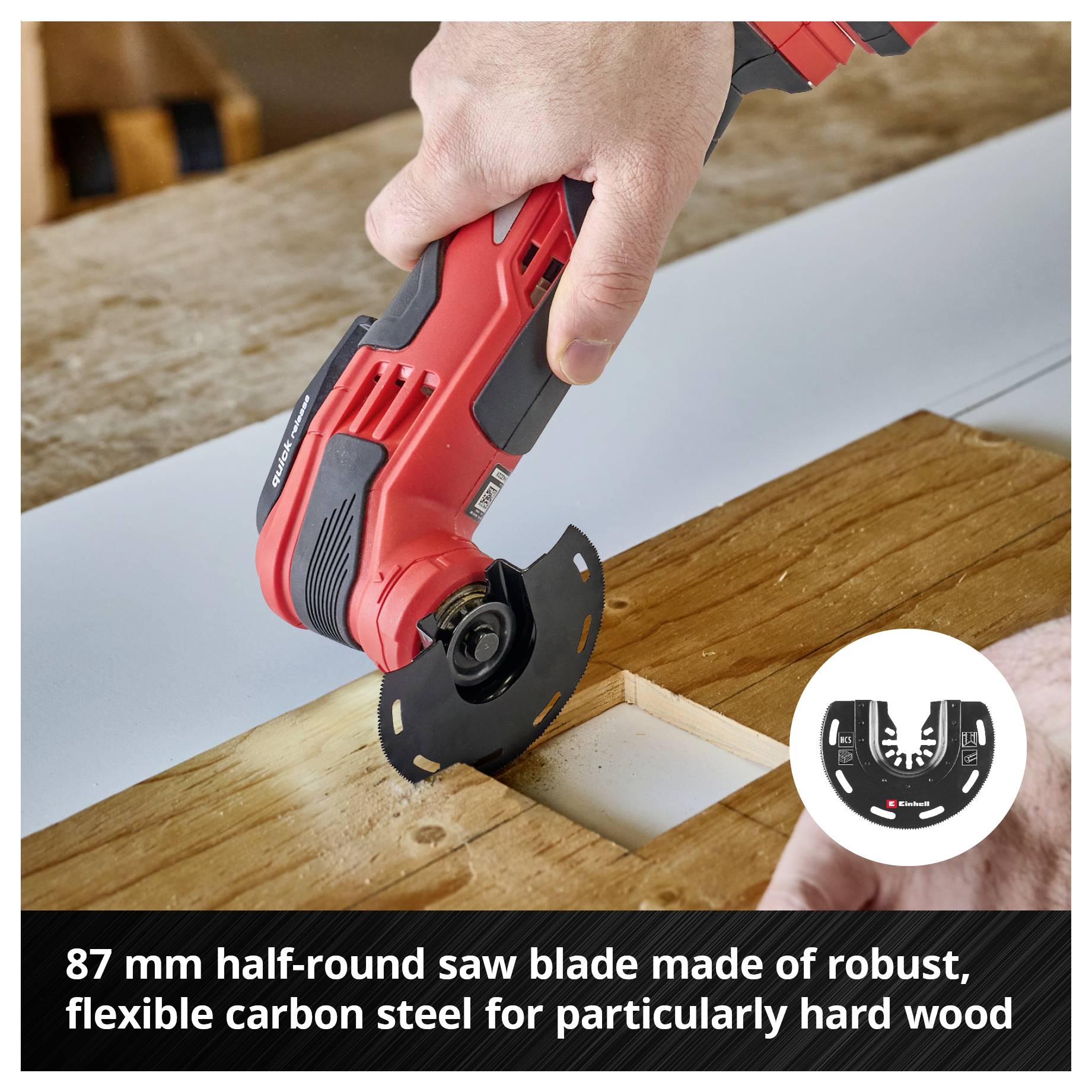 Osoba striha drevo elektrickou pílou v červeno-čiernej farbe. Text na obrázku: '87 mm polkruhové píliace listy z odolného, pružného uhličitej ocele na obzvlášť tvrdé drevo'.