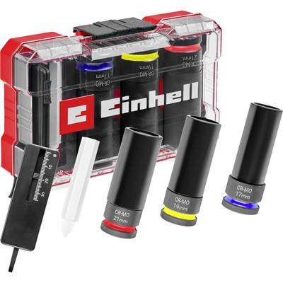 Sada nástrčných kľúčov Einhell: Štyri nástrčné kľúče a príslušenstvo v priehľadnej krabici. Veľkosti: 17 mm, 19 mm, 21 mm.