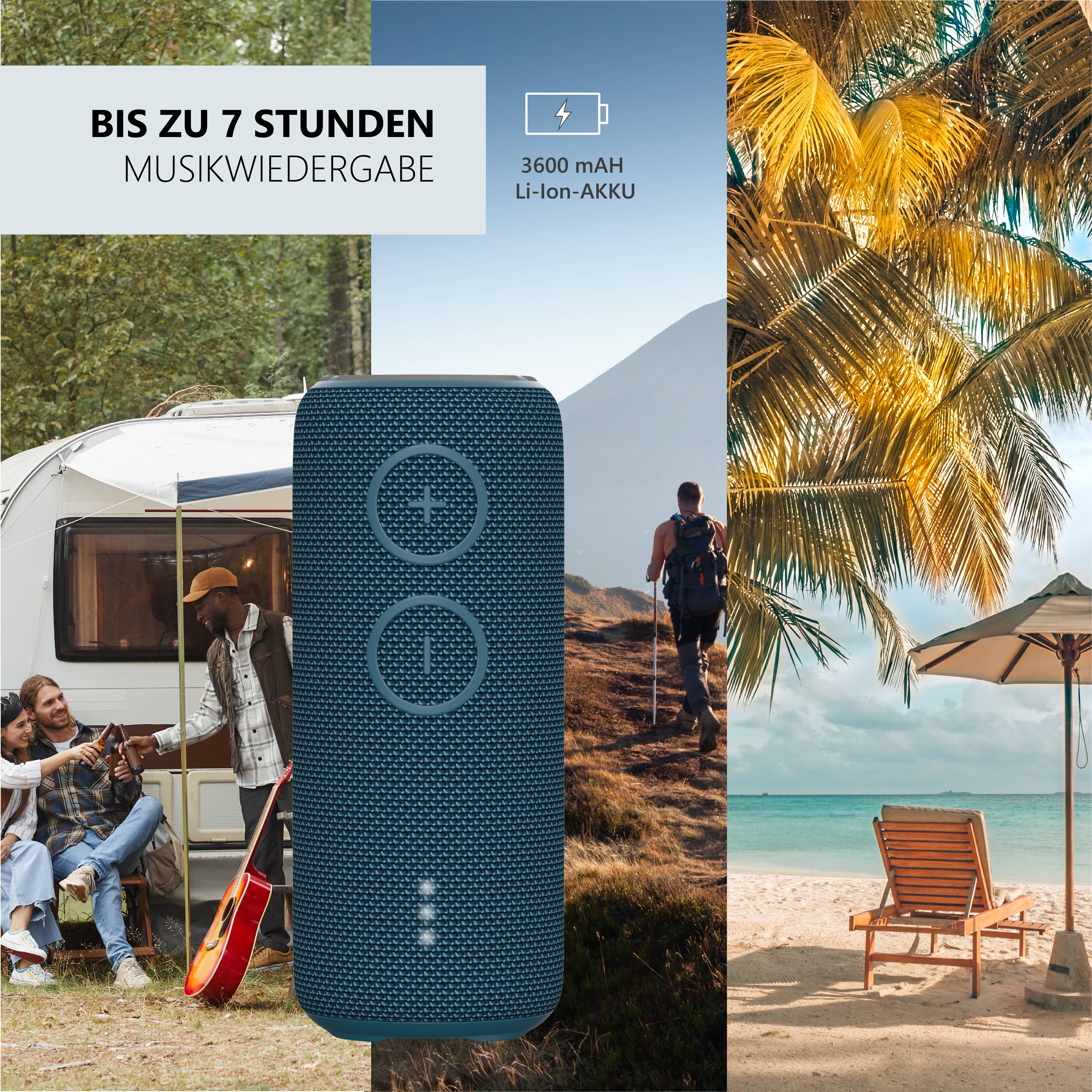 Reproduktory pred obytným prívesom, muž s gitarou, kulisa pláže. Text: 'Až 7 hodín prehrávania hudby', 3600 mAh Li-Ion batéria.