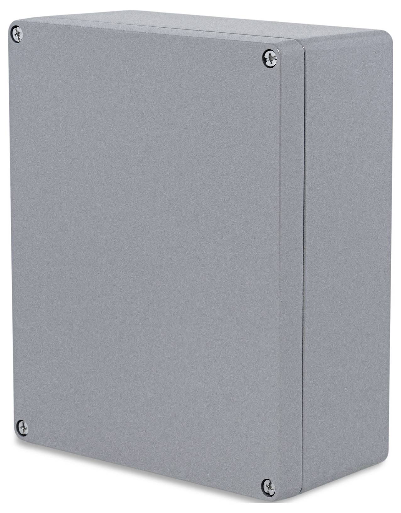 Strieborný, obdĺžnikový box so štyrmi viditelnými skrutkami v rohoch. Ide o elektrický rozvádzač.