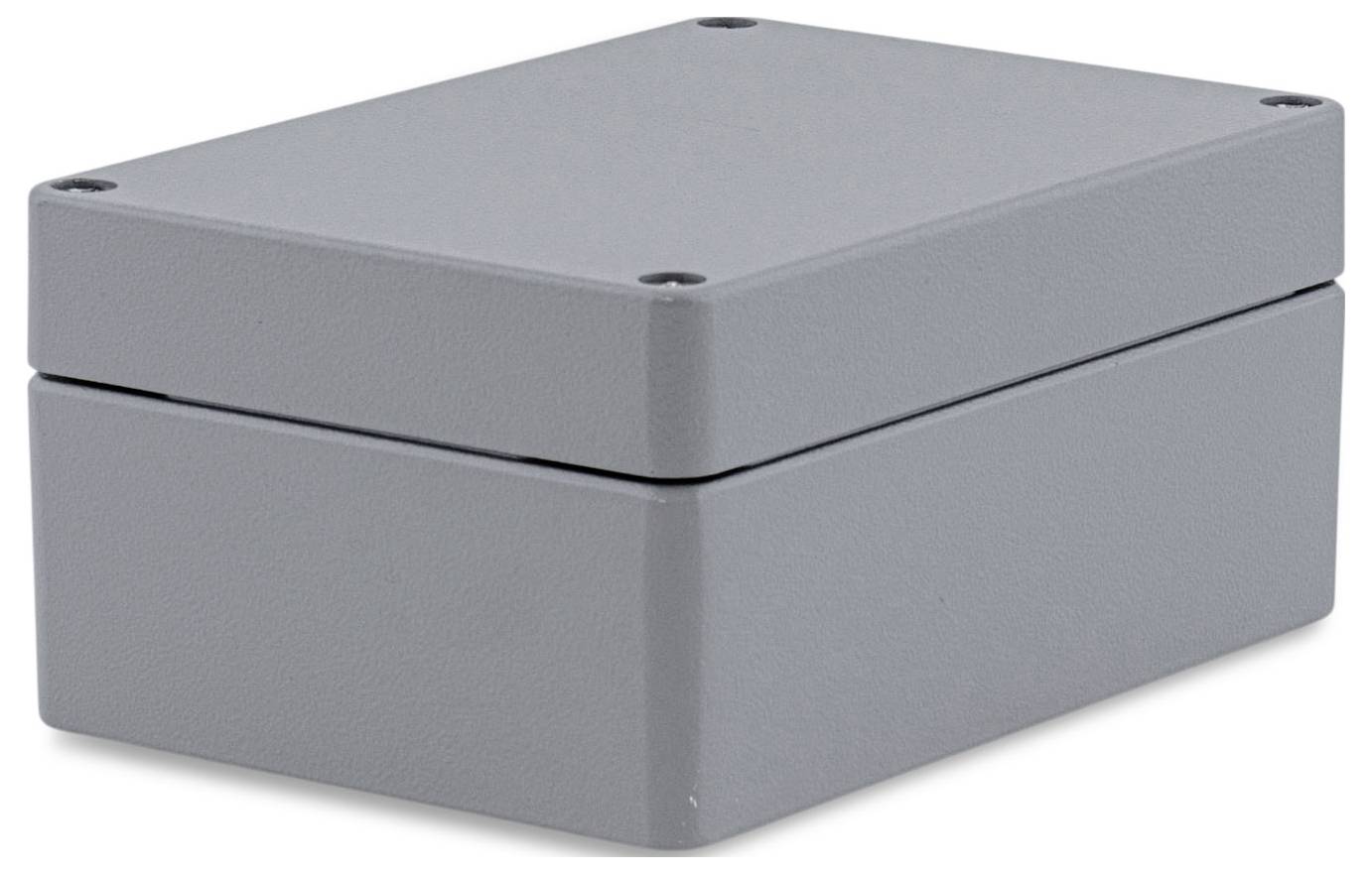 Šedý kovový obdĺžnikový box so zaoblenými rohmi, pohľad zhora.