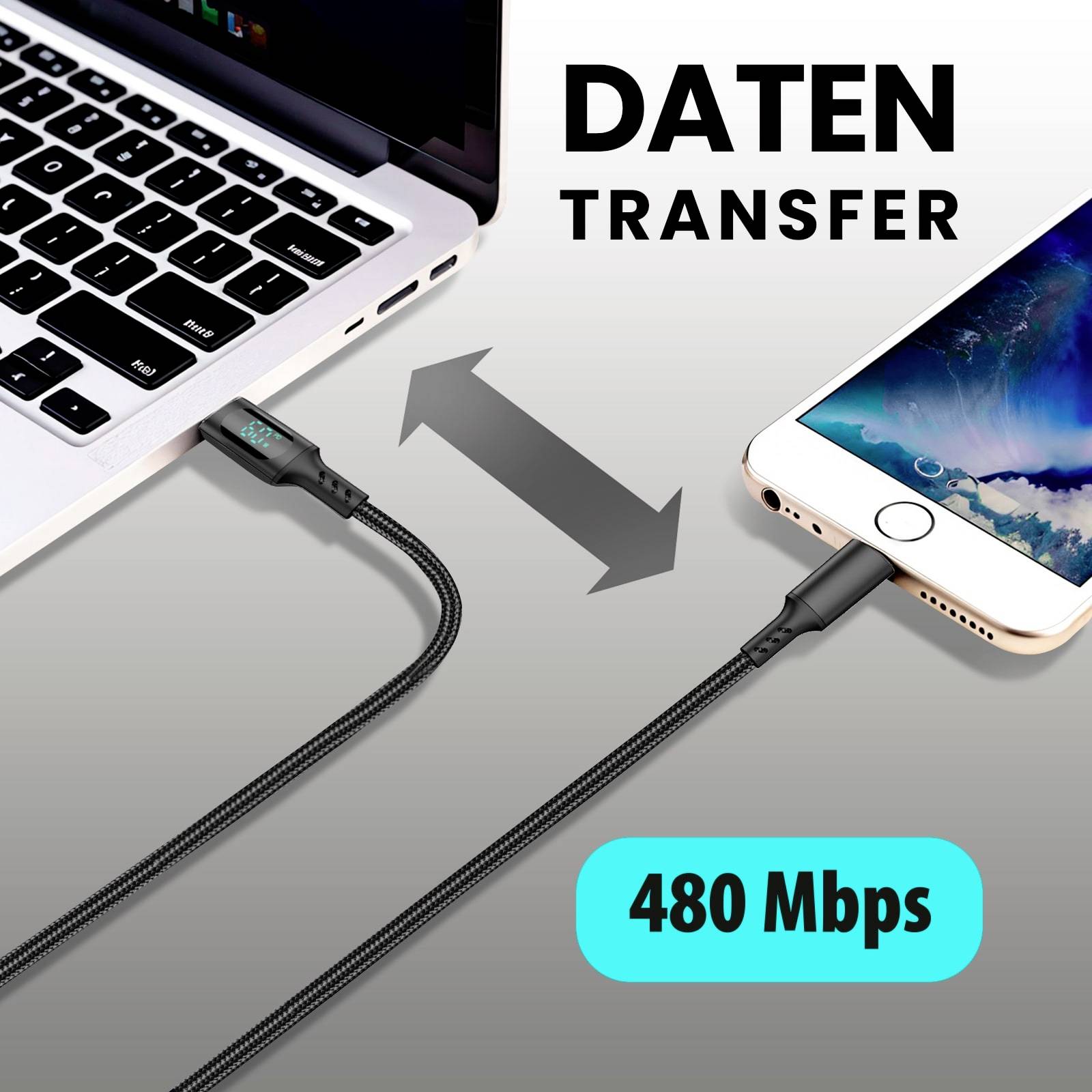 Laptop s pripojeným káblom ku smartfónu, zobrazuje 'PRENOS DÁT' a rýchlosť '480 Mbps'.