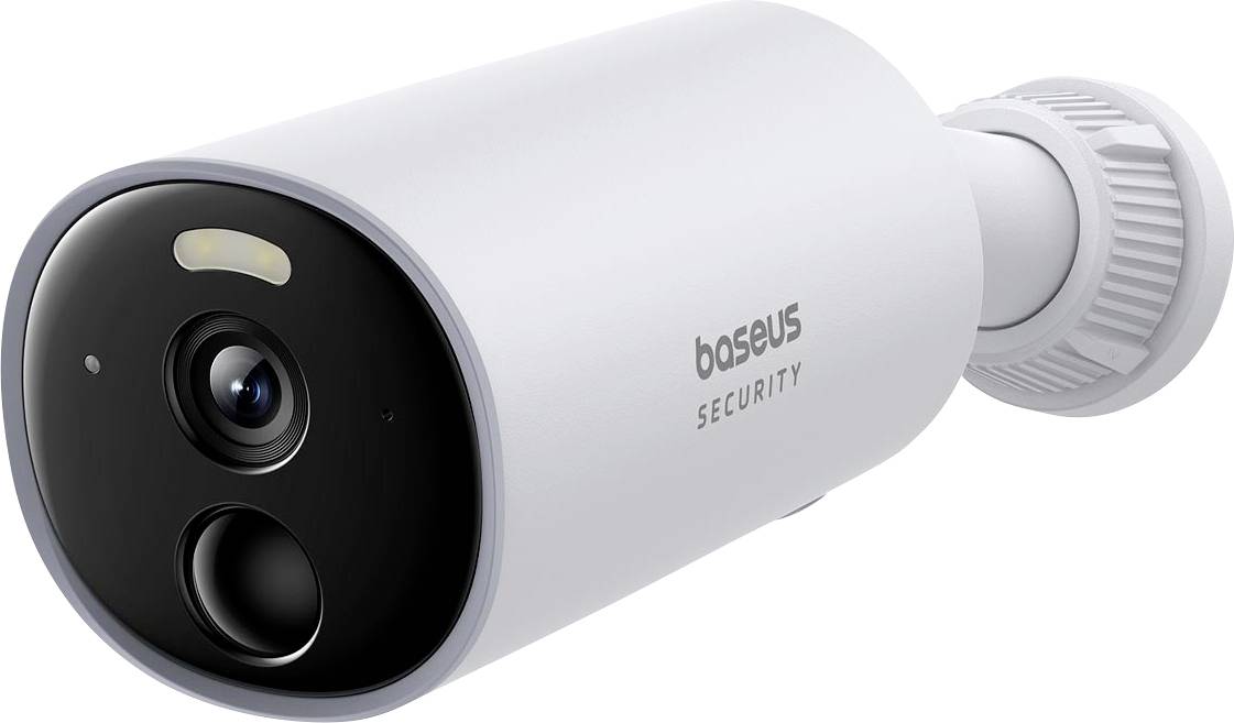 Bezpečnostná kamera Baseus so zaoblenými rohmi v bielom kryte s nápisom 'Baseus Security' na boku.