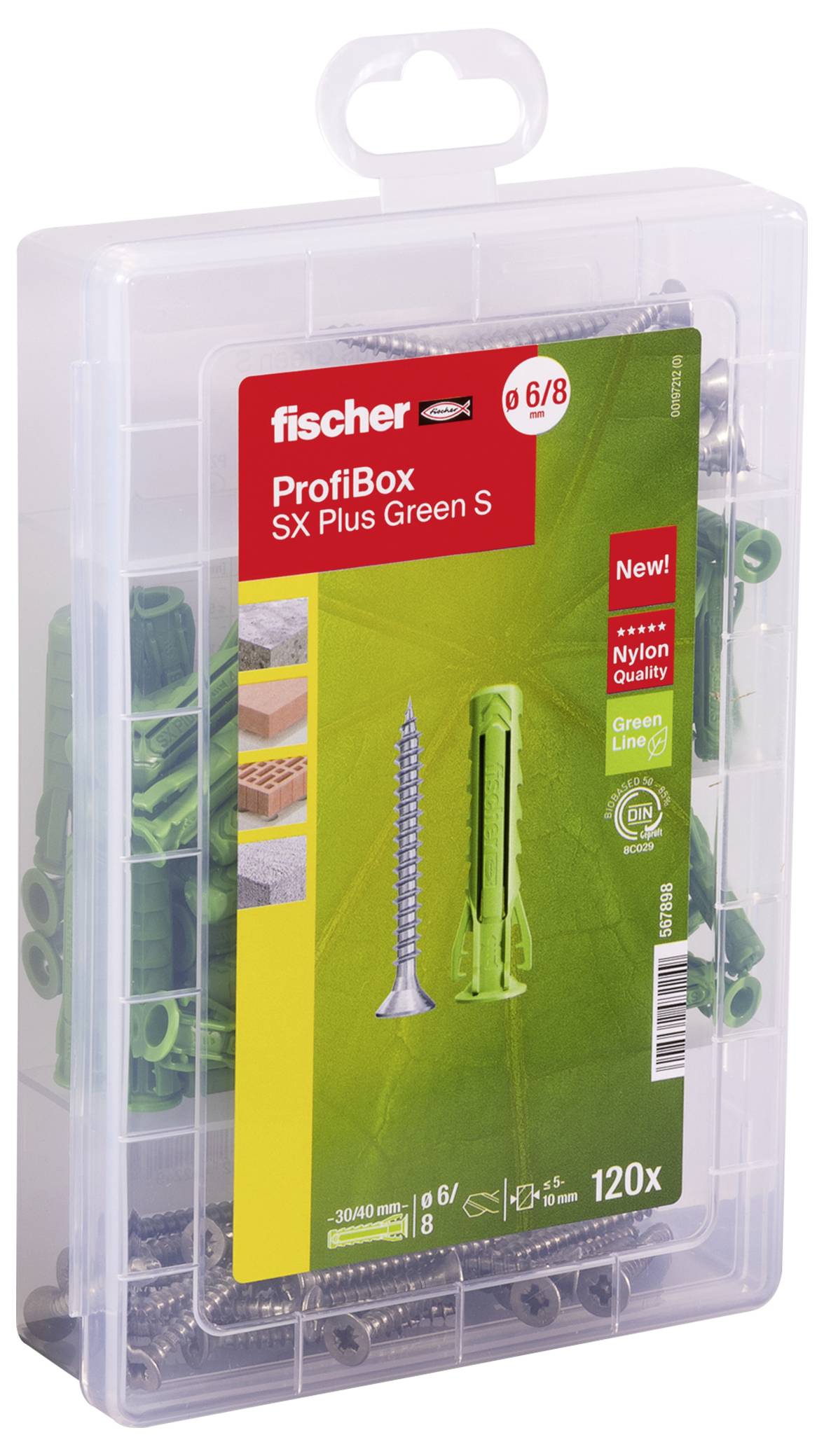 Sada 'Fischer ProfiBox SX Plus Green S' obsahuje 120 zelených hmoždiniek a skrutiek v priehľadnom obale s červeným a zeleným štítkom.