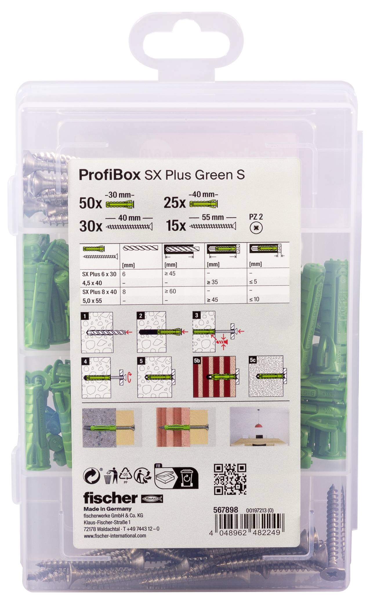 'ProfiBox SX Plus Green S' obsahuje 50 hmoždiniek (30 mm), 25 hmoždiniek (40 mm), 30 skrutiek (40 mm), 15 skrutiek (55 mm). Príklady inštalácie zobrazené. Značka: fischer.