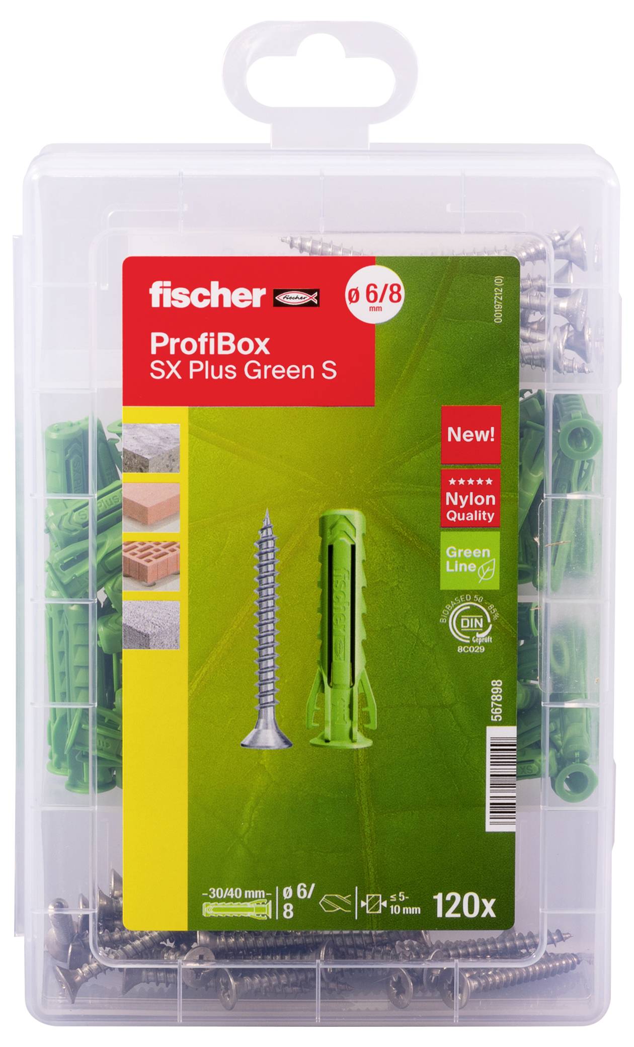Súprava 'Fischer ProfiBox SX Plus Green S' obsahuje 120 zelených hmoždiniek a skrutiek. Vhodná pre použitie v betóne a murive.
