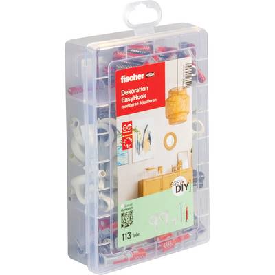 Plastový organizačný box s rôznymi červenými nástenných zástrčkami a háčikmi, označený fischer Decoration EasyHook, sada pre DIY s 113 kusmi.
