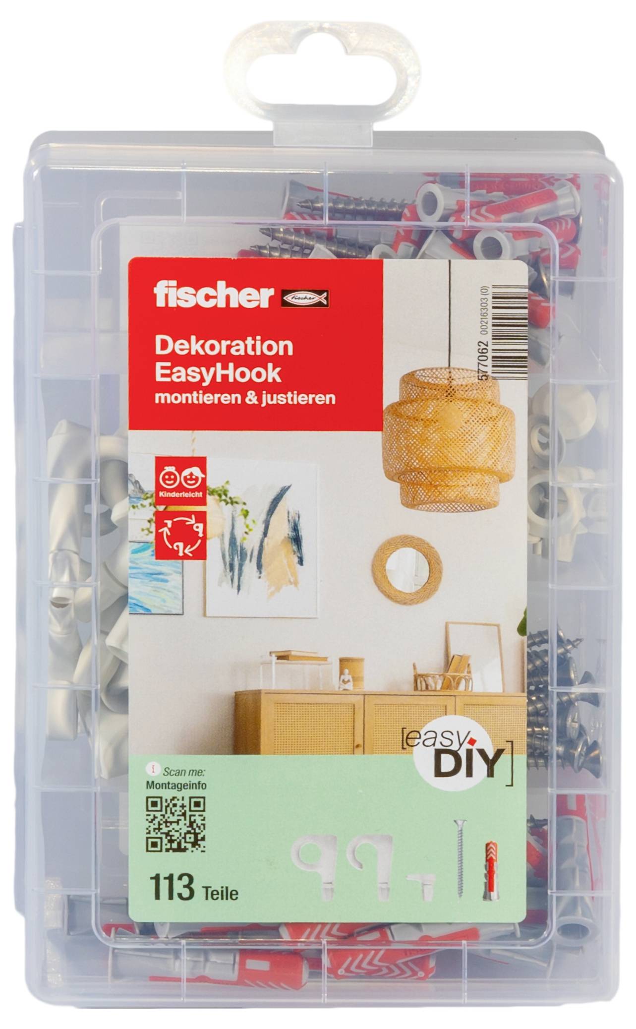 Plastový box s montážnou sadou 'Dekorácia EasyHook' od Fischera, 113 dielov. Obsahuje skrutky a háčiky na zavesenie dekorácie na stenu.