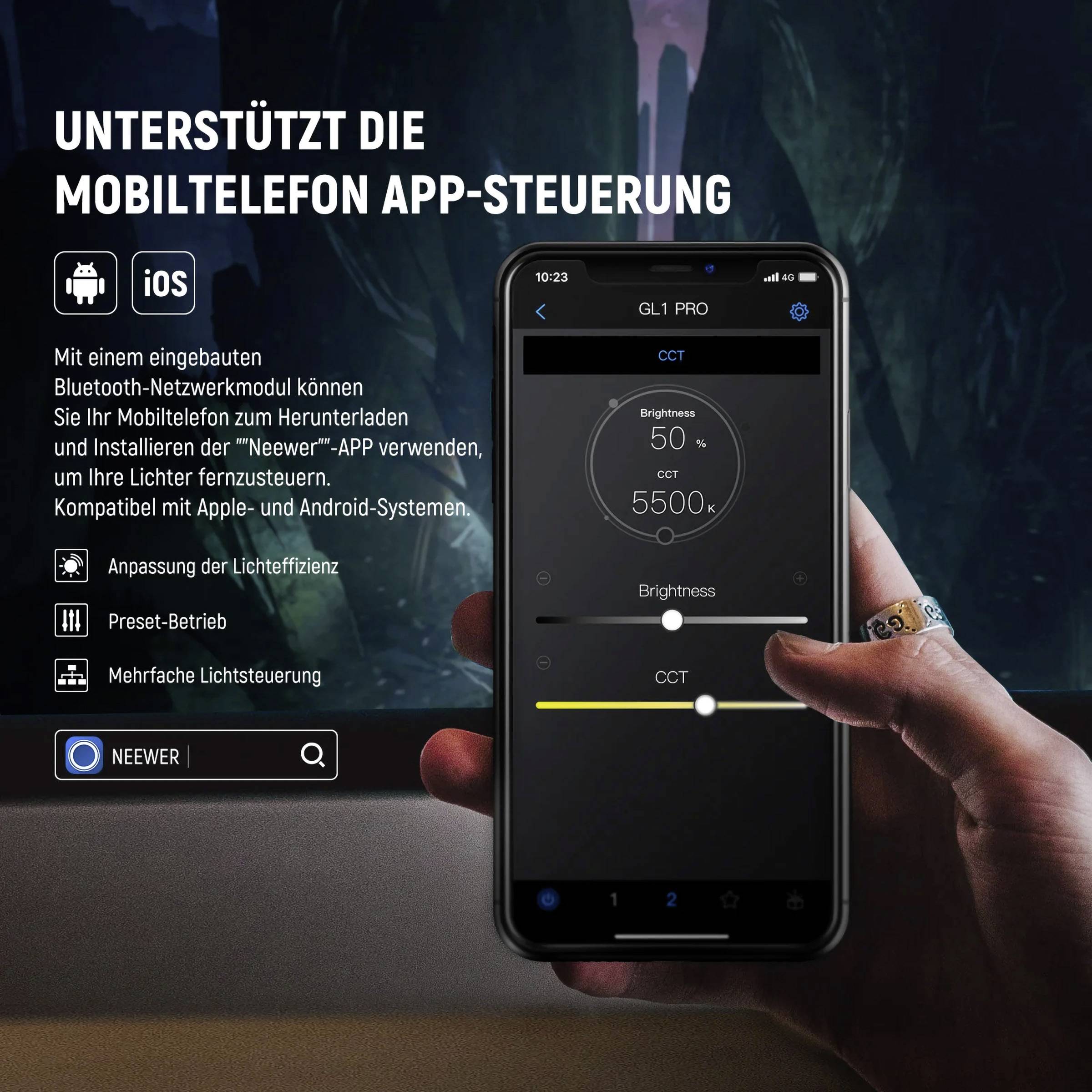 Podporuje ovládanie aplikáciou pre mobilné zariadenia. Obrázok zobrazuje mobilné funkcie aplikácie pre úpravu svetla. Kompatibilné s iOS a Androidom.