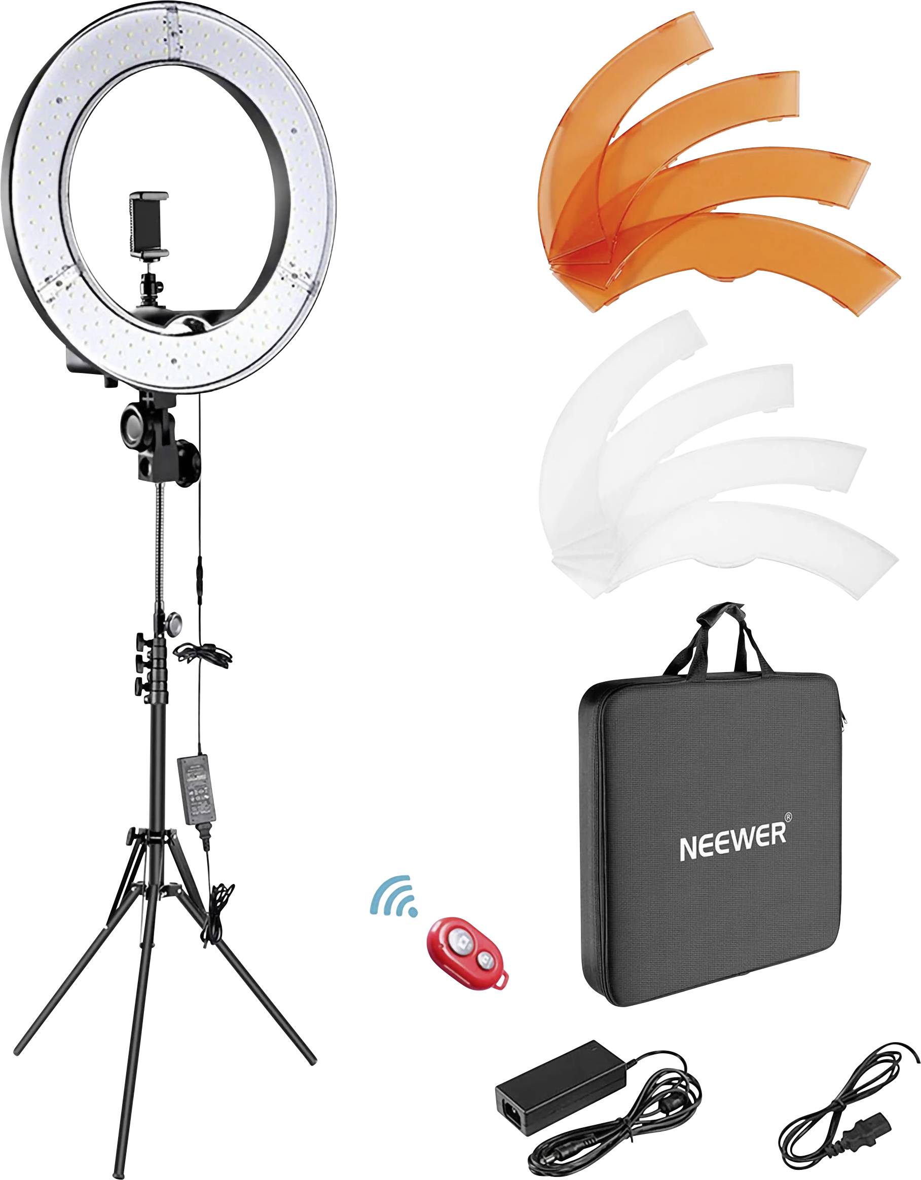 Súprava kruhového svetla so stojanom, prenosnou taškou, diaľkovým ovládačom, napájacím adaptérom a oranžovými/bielymi difúzormi, vhodná pre fotografovanie.
