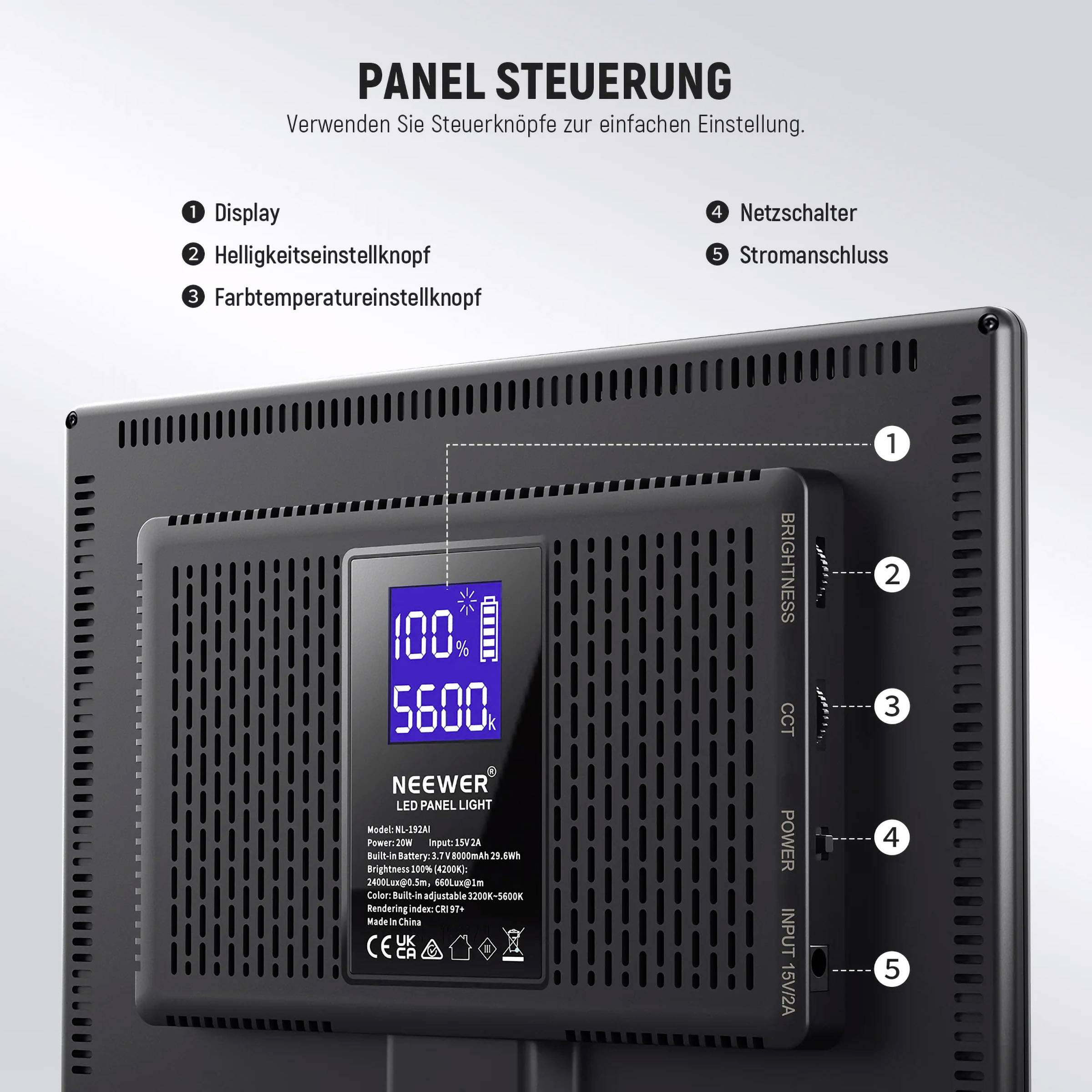 LED panel - zadná strana s ovládacími prvkami: displej jasu, tlačidlo na nastavenie jasu, tlačidlo na nastavenie farebnej teploty, sieťový spínač, napájací konektor.
