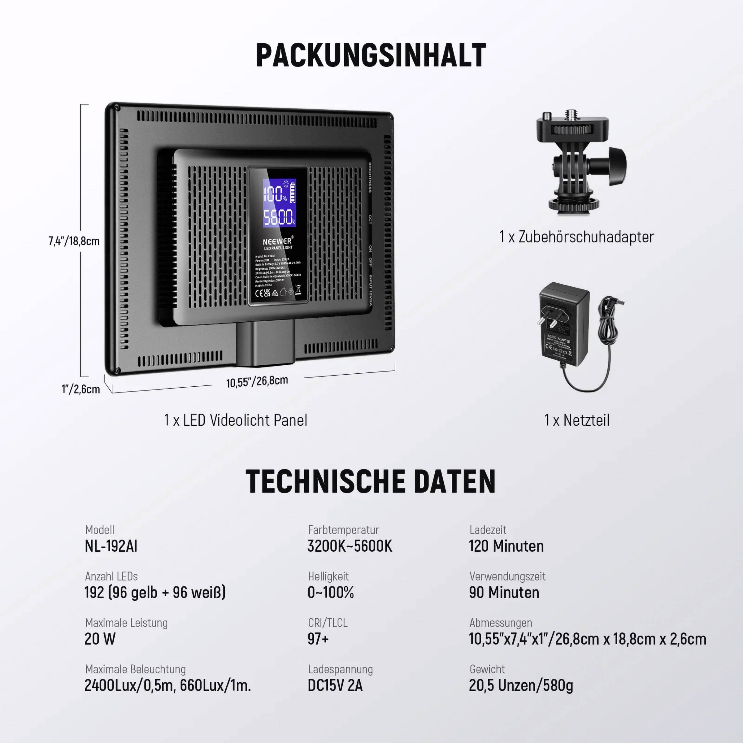 Obsah balenia obsahuje LED video svetelný panel, adaptér pre príslušenstvo na topánky, napájací adaptér; 'Technické údaje': číslo modelu, teplota farieb, jas, veľkosť.