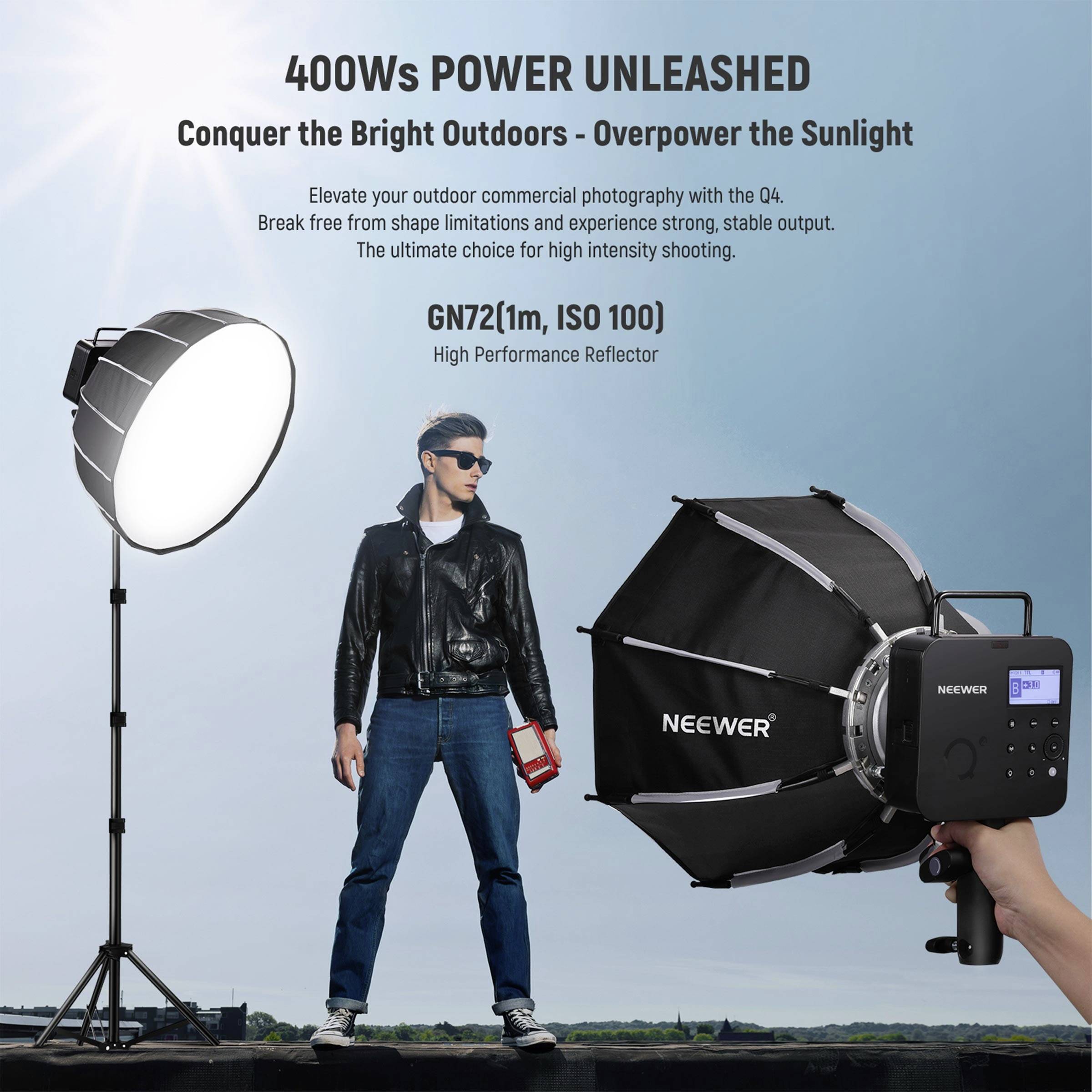 Muž stojí pred fotosvetlom v koženej bunde a slnečných okuliaroch. Text: 400Ws Power Unleashed. Produkt Neewer O4 pre outdoorovú fotografiu.