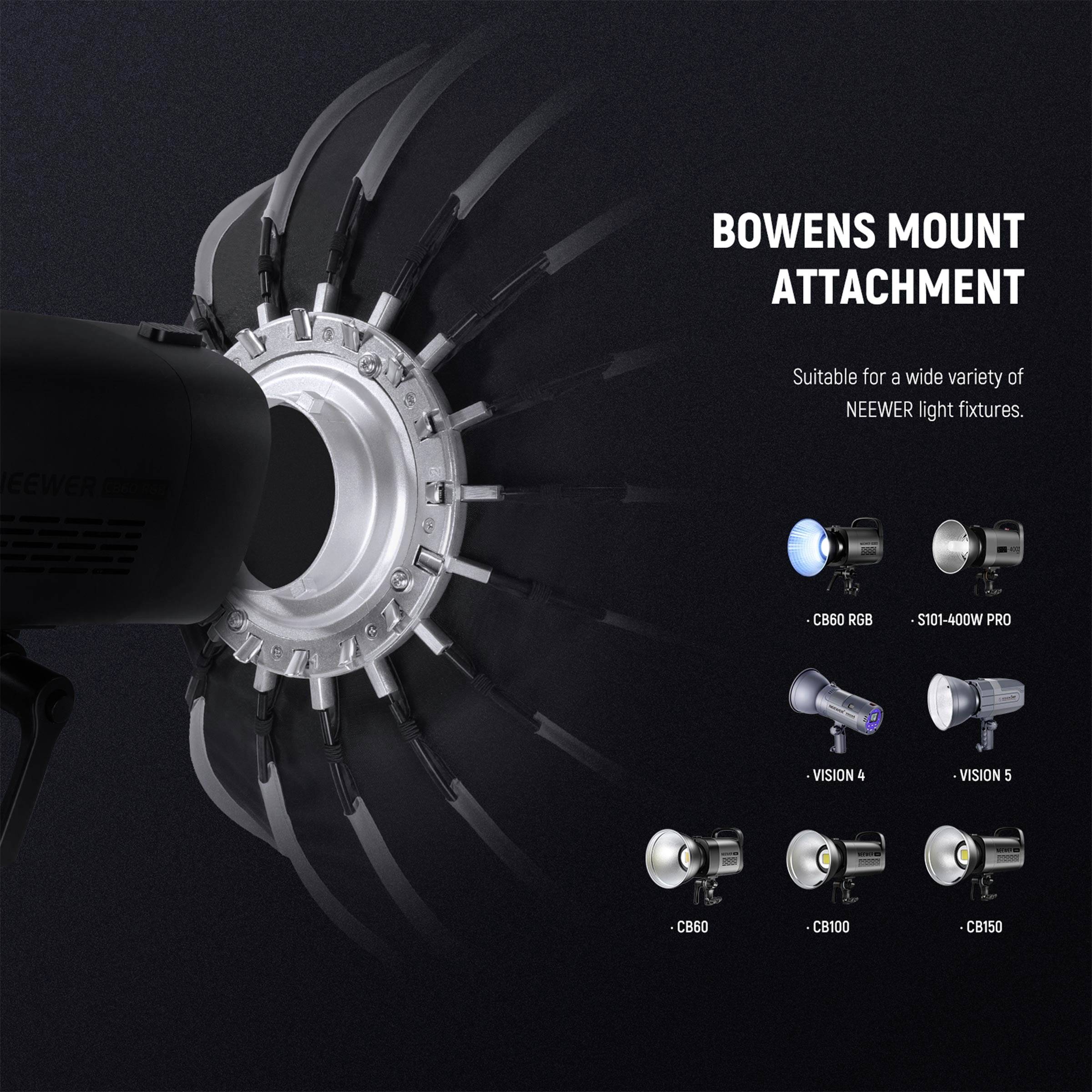 Príloha adaptéra Bowens-Mount, kompatibilná s rôznymi svetelnými zariadeniami značky NEWEER, vedľa obrázkov kompatibilných modelov.