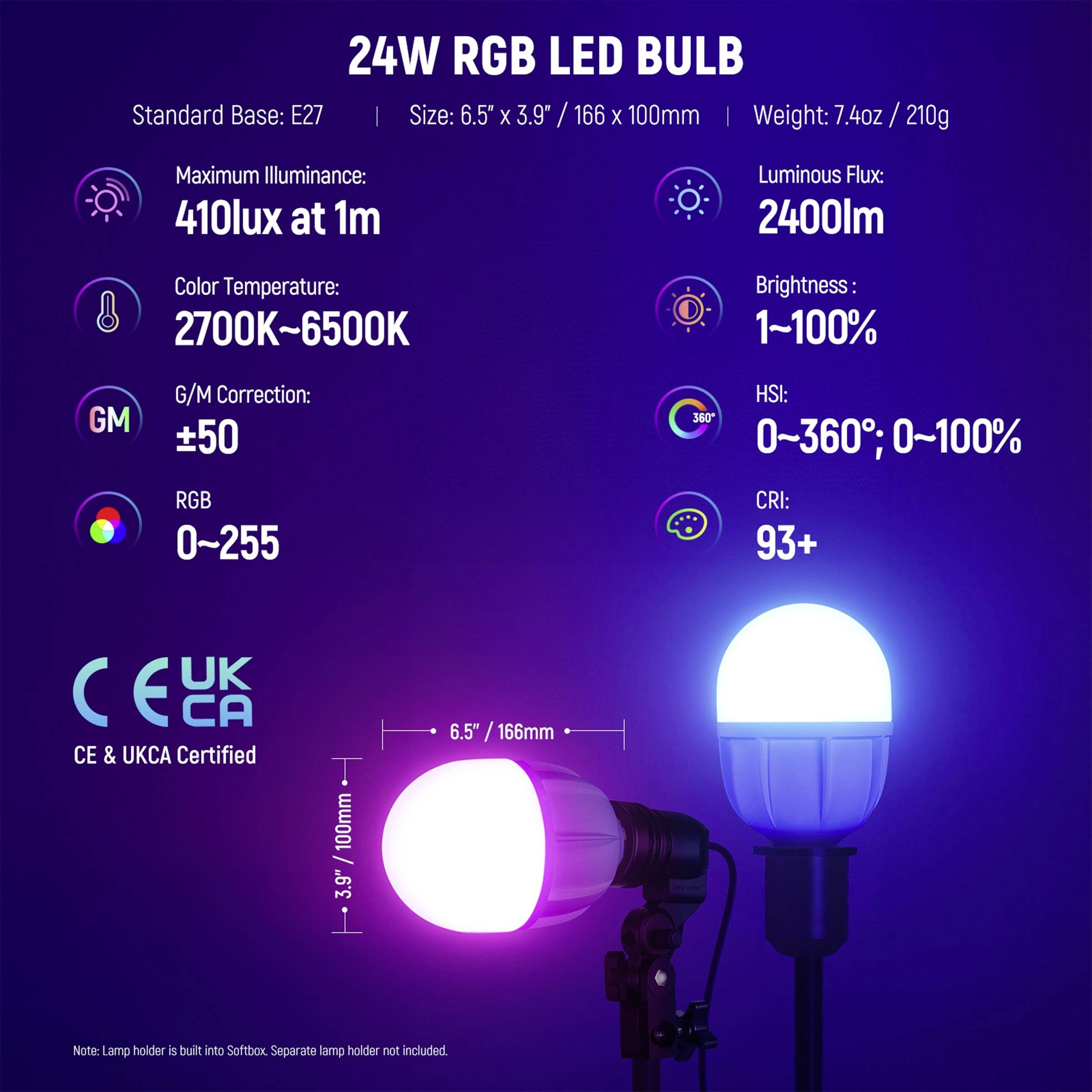 24W RGB LED žiarovka s päticou E27, maximálna svietivosť 410 lux pri 1m, farebná teplota 2700K–6500K, svetelný tok 2400 lm, stmievateľná 1–100%.