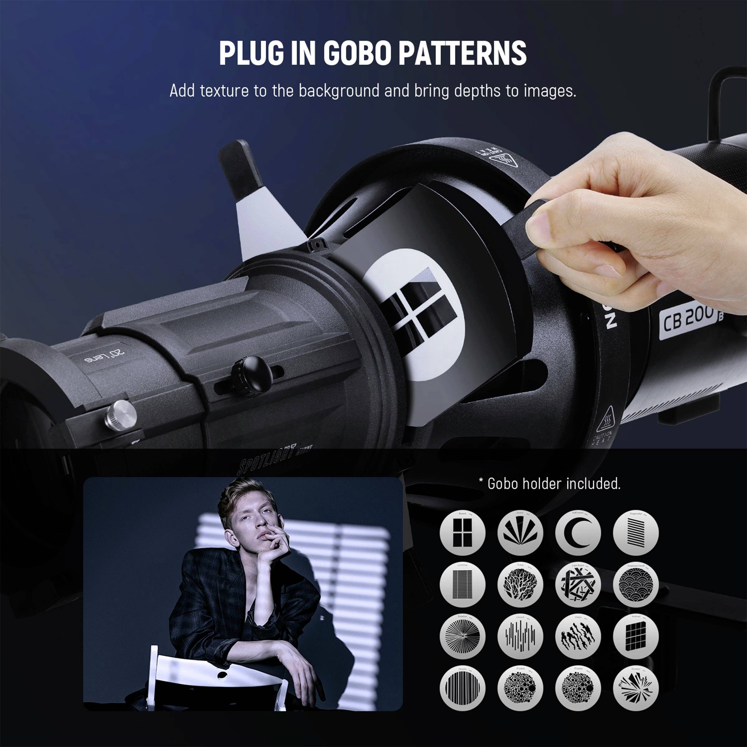 Jedna ruka drží projektor, ktorý premieta gobo vzor. Niekoľko gobo variant na výber. Text: 'PLUG IN GOBO PATTERNS'.