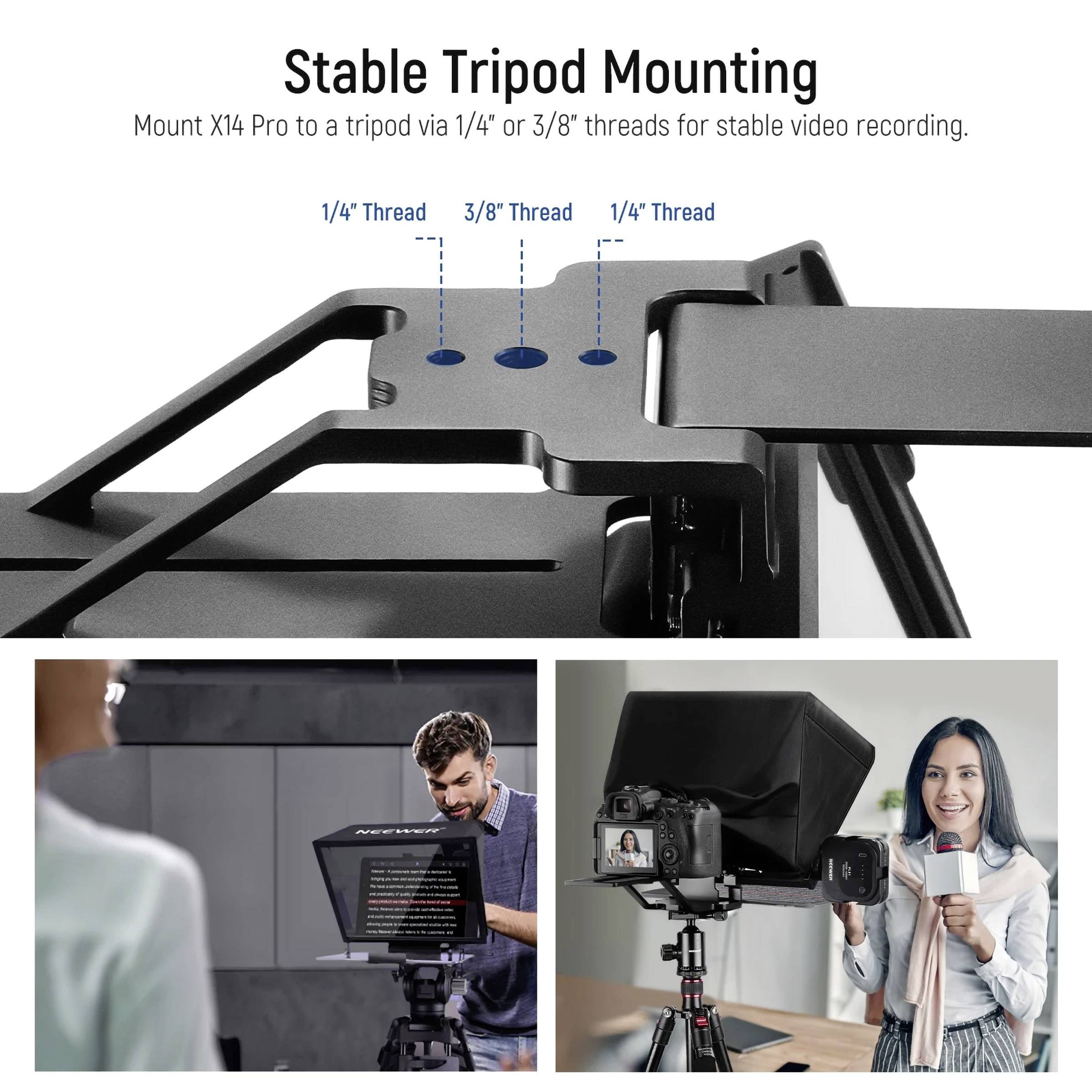 Statívový držiak pre X14 Pro: Upevnenie na 1/4" alebo 3/8" závit pre stabilné videonahrávanie. Dvaja ľudia demonštrujú použitie.