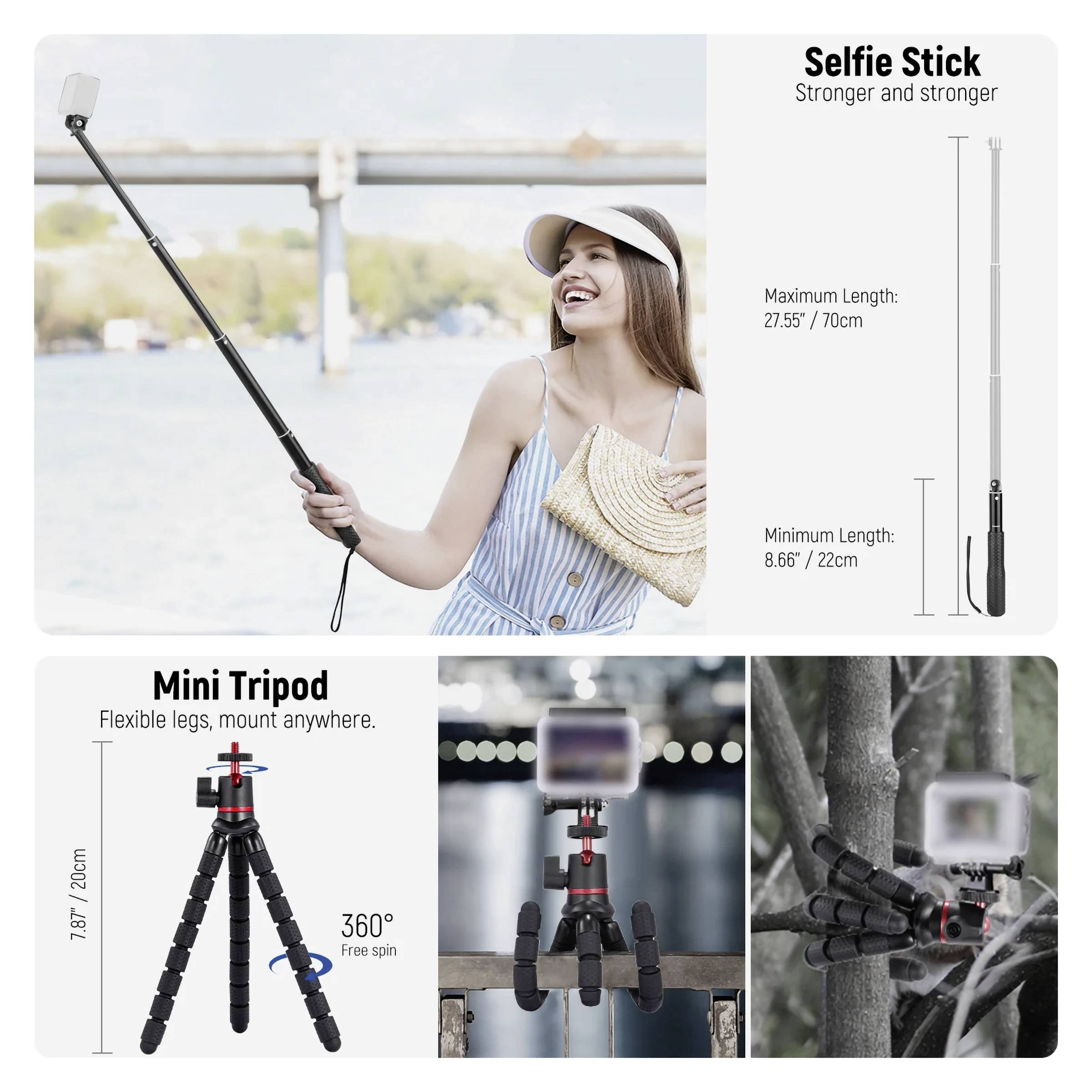 Mladá žena používa selfie tyč pri rieke. Hore: Dĺžky selfie tyčí. Dole: Mini statív s flexibilnými nohami, pripevnená kamera.