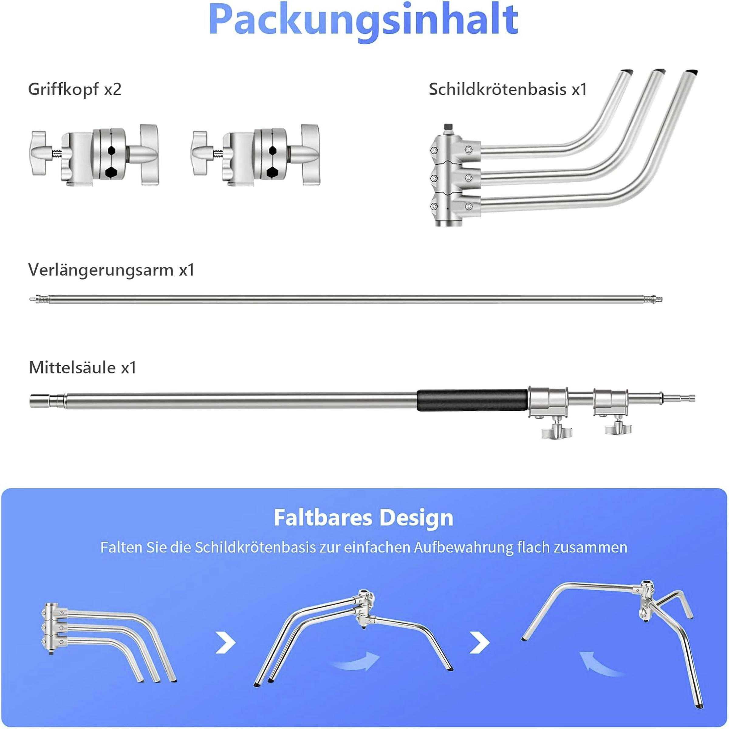 Obsah balenia ukazuje komponenty balenia vrátane rukovätí, základne v tvare korytnačky, predlžovacieho ramena a stredového stĺpika. Dizajn zvýrazňuje skladateľnosť.