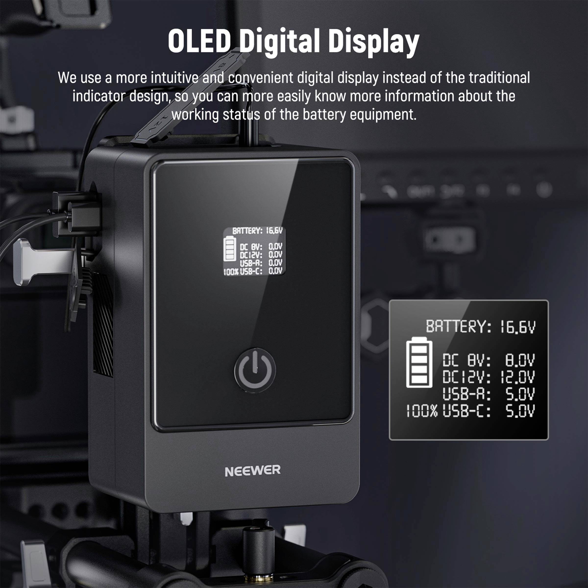 Čierny OLED displej od Neewer zobrazuje stav batérie, jednosmerné a USB-C napätie. Text zdôrazňuje intuitívne používanie.