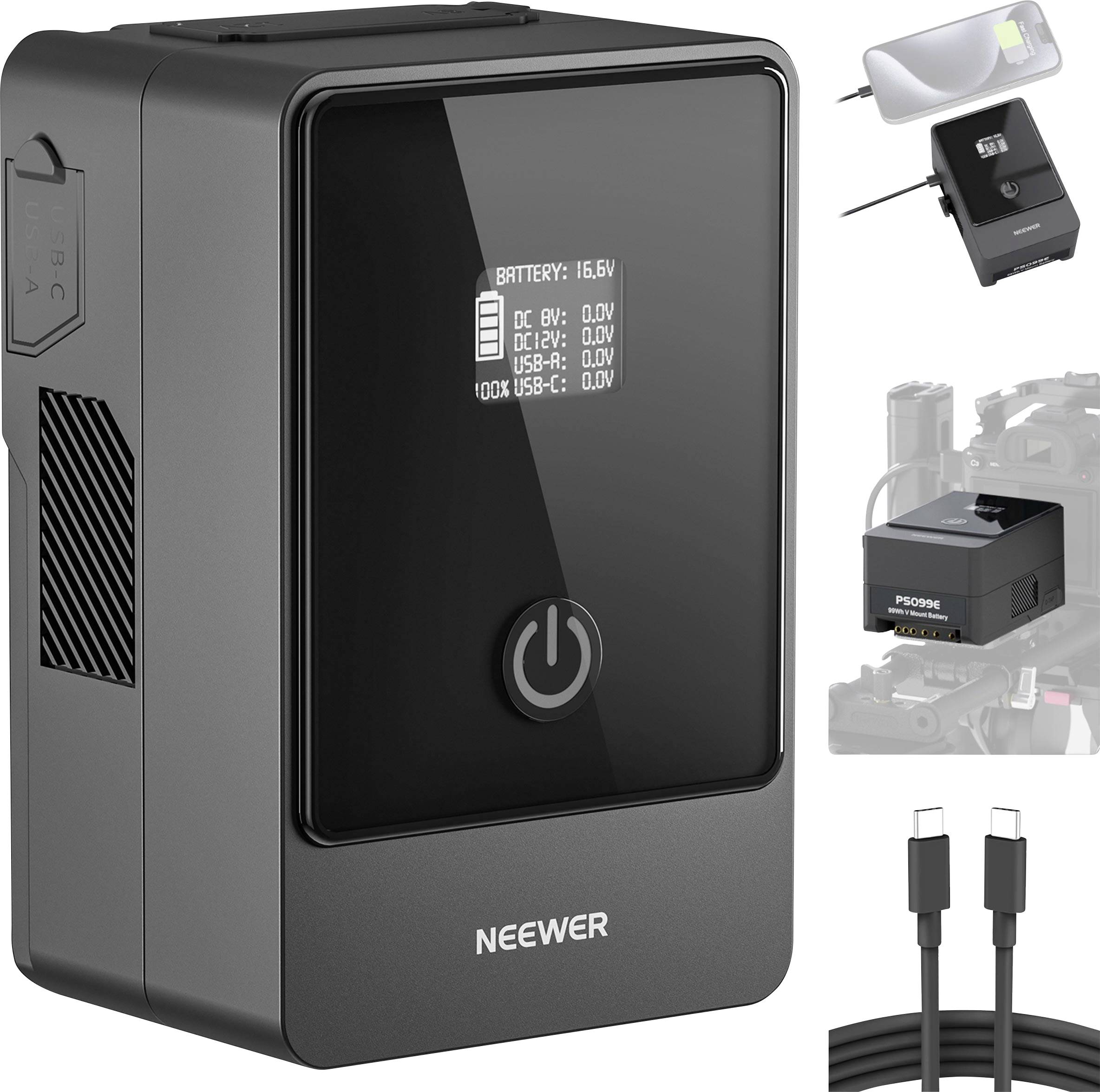 'Neewer nabíjačka batérií s LCD displejom, zobrazuje stav batérie, s USB-C portom a káblom, vhodná pre akumulátory fotoaparátov.'
