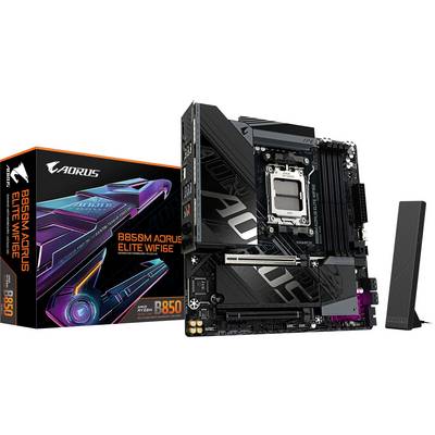 Základná doska a balenie značky Aorus, model B650M Elite WiFi 6, čierna so striebornými akcentmi, vhodná pre procesory AMD Ryzen.