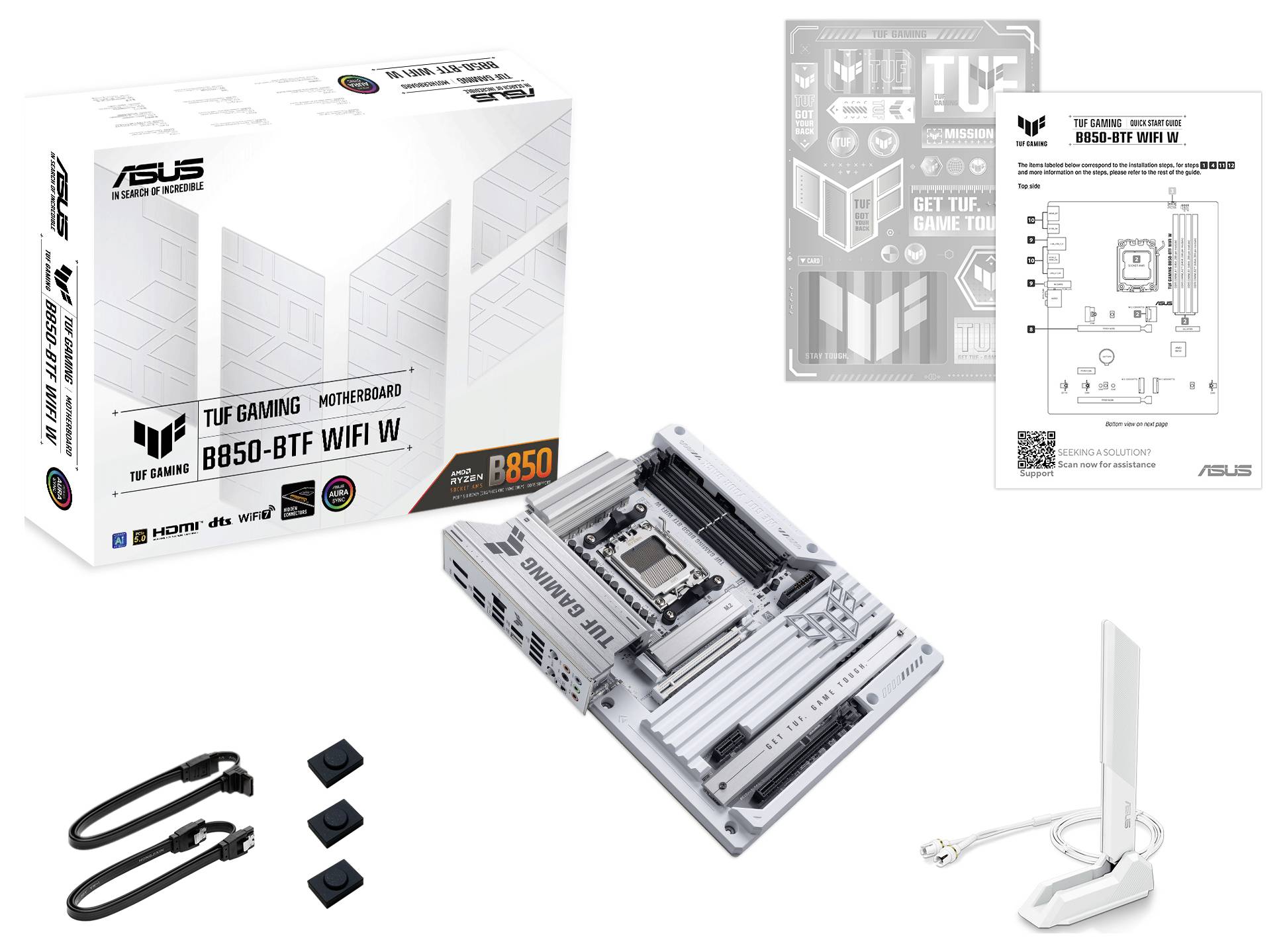 Základová doska ASUS TUF Gaming B850-BTF WIFI W s káblami a WiFi anténou. Balenie zobrazuje obrázok produktu a špecifikácie.