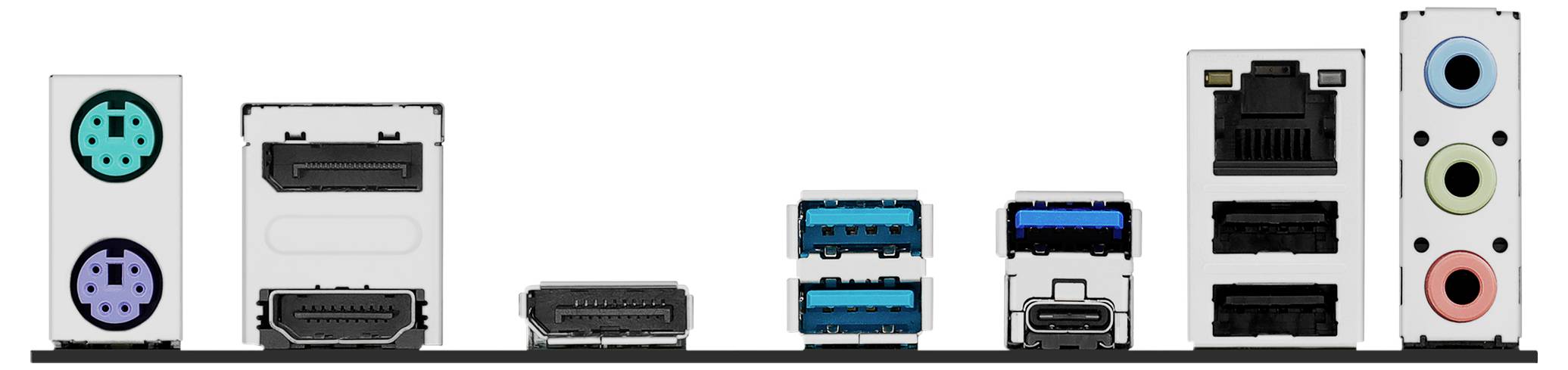 Niekoľko počítačových portov: zľava doprava, dva okrúhle PS/2 porty, DisplayPorty, HDMI, USB porty, Ethernet, audio porty.