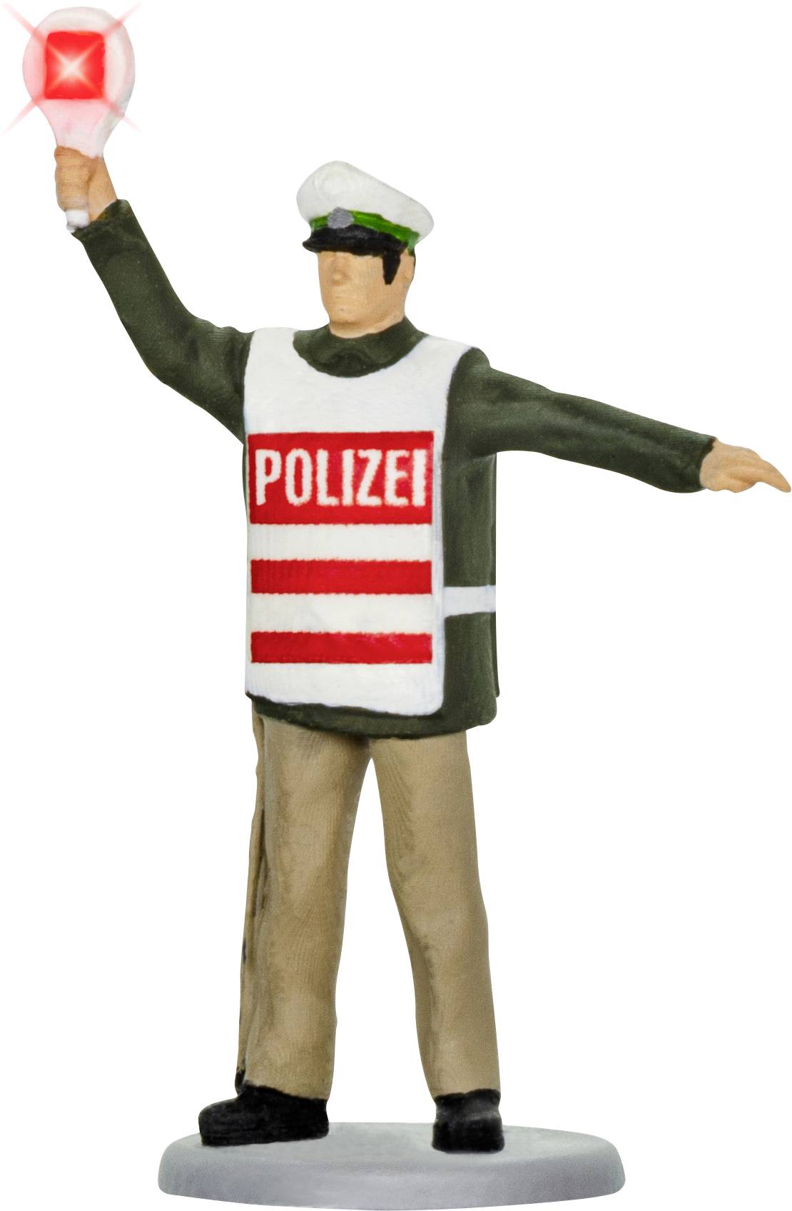 Postava policajta s bielou čiapkou a vestou s nápisom 'POLIZEI', ktorý drží v ruke červenú tabuľu.