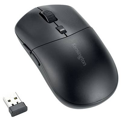 Čierna bezdrôtová počítačová myš so scrollovacím kolieskom, názvom značky na boku a malým USB prijímačom.