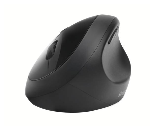 Ergonomická, čierna vertikálna počítačová myš s rolovacím kolieskom, navrhnutá na zníženie záťaže zápästia.