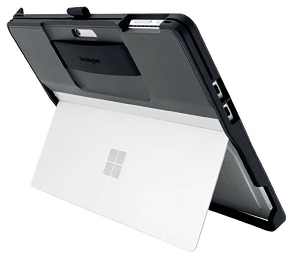 Ochranný kryt na tablet, robustne navrhnutý, s integrovanou podstavou, ktorý zobrazuje tablet zozadu vo vzpriamenej polohe.